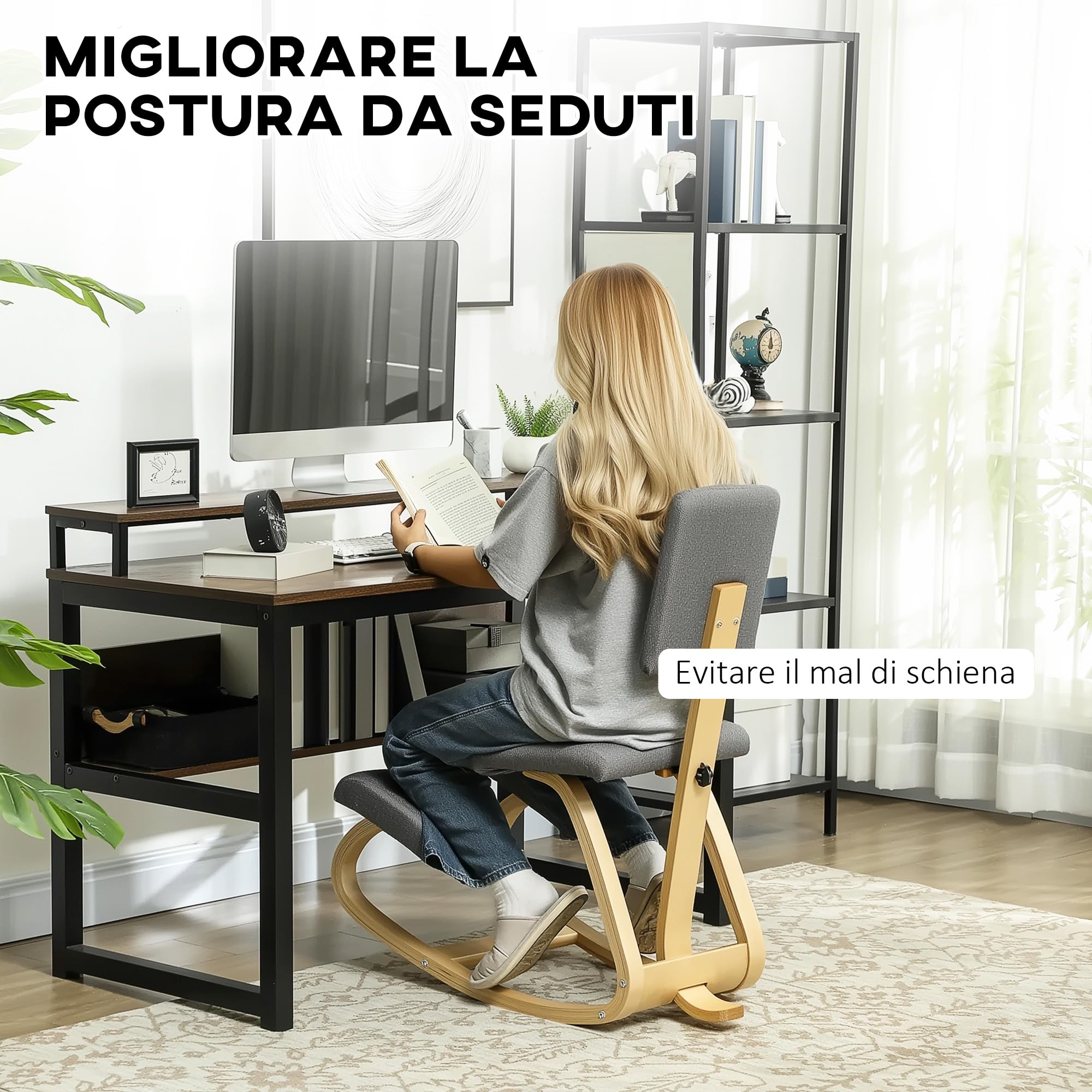 HOMCOM Sedia Ergonomica a Inginocchiatoio con Movimento a Dondolo, Sedia Ergonomica Imbottita Posturale in Tessuto Effetto Lino e Legno di Betulla, 51x84x93 cm, Grigio