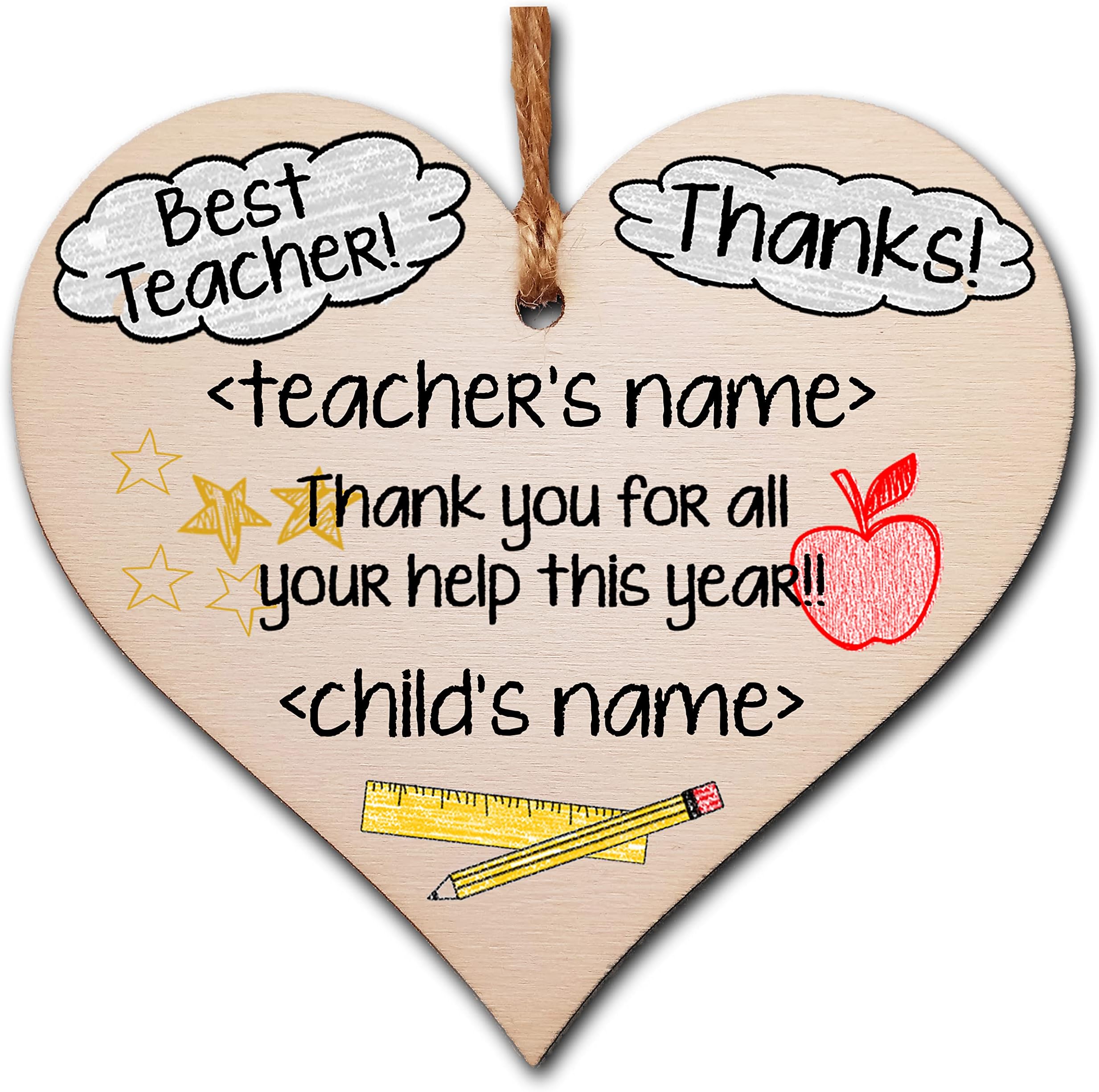 Personalised Handmade Wooden Hanging Heart Plaque Gift for an Amazing Teacher Thank You Keepsake