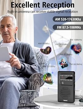 Portable Radio AM FM,Battery Operated Radio with 3W Large Speaker,Transistor radios with Best Reception,Pocket with Back Clip,Flashlight,3.5mm Earphone Jack,Tuning Light,Gift for Elder