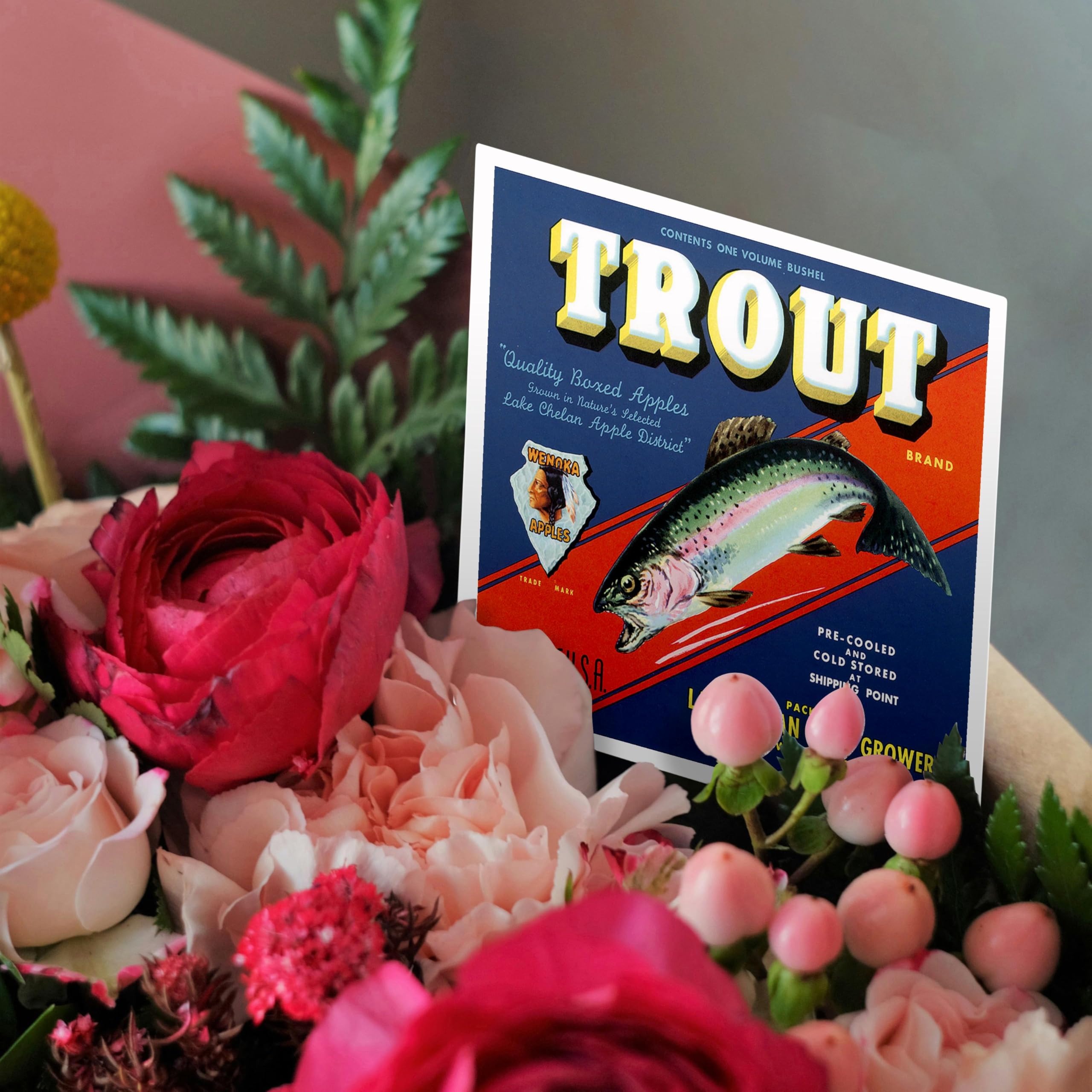 3dRose gc_171142_2 6 x 6-Inch "Trout Brand Wenoka Apples with a Rainbow Trout and Native American" Greeting Card (Set of 12) - Image 3