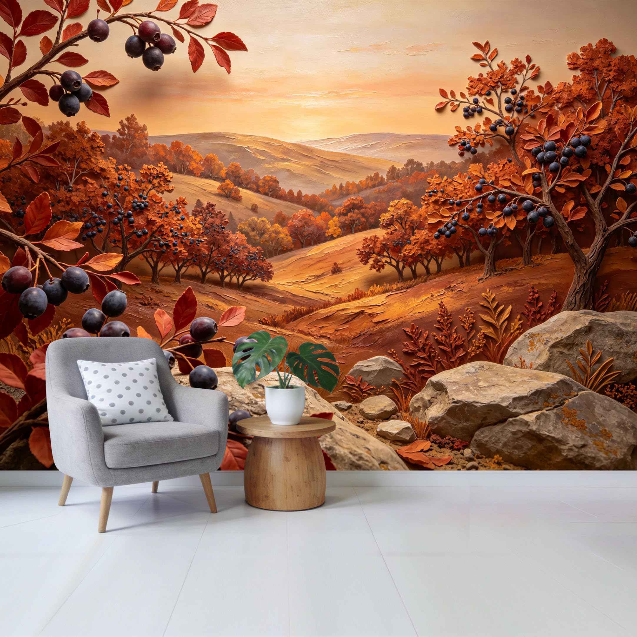 Qzlithotic Yq2605250584 Custom Size Wall Mural Autumn Sunset Landscape Berry Trees Rolling Hills Oil Painting Textured Selfadhesive Wall Fabric Removable Wallpaper For Home Office Decor