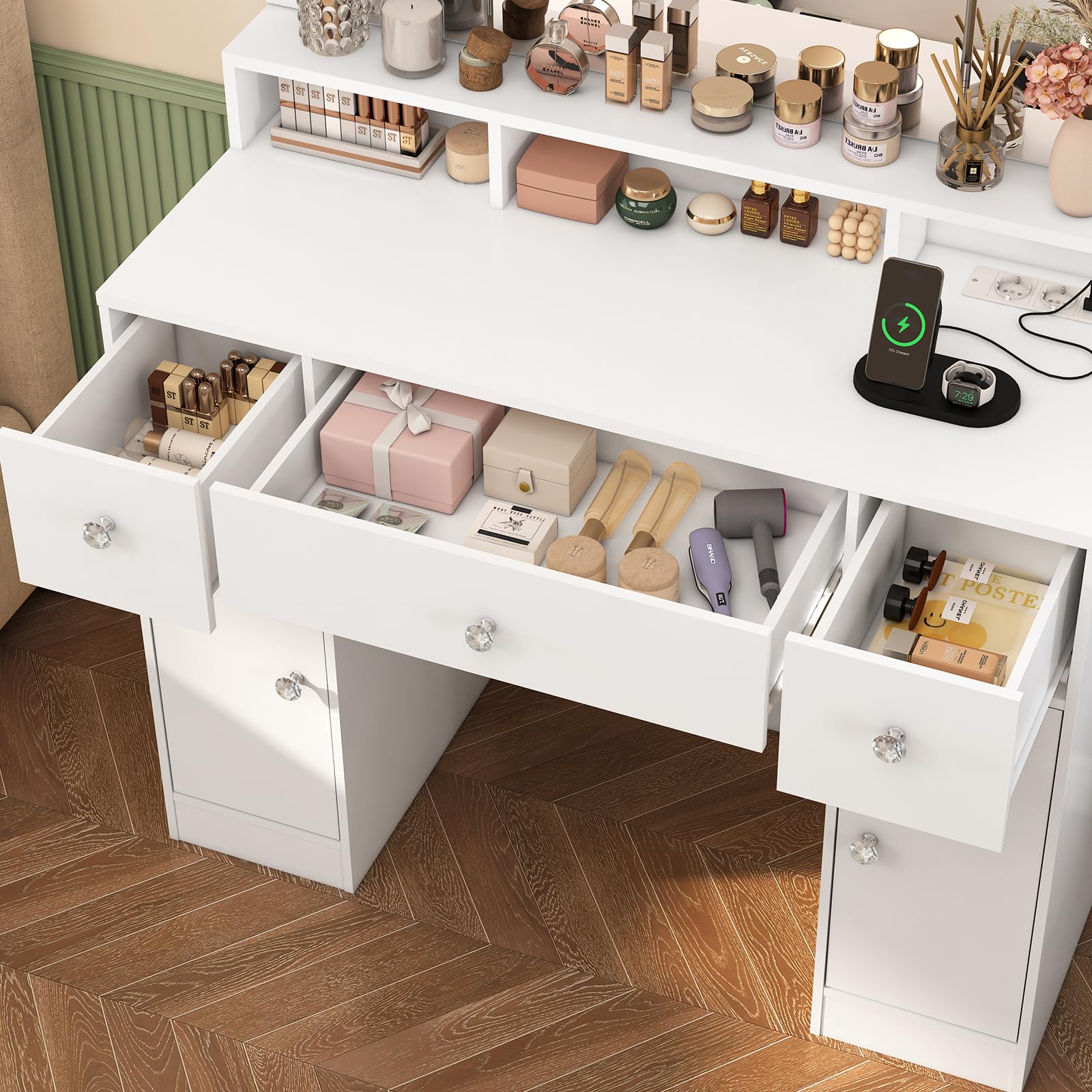 FIONESO Postazione Trucco con 10 Luci LED, 3 Colori Regolabili, 3 Specchietti Ripiegabili, Toeletta Trucco con 2 USB e 2 Prese, 3 Cassetti e 2 Armadi, Bianco
