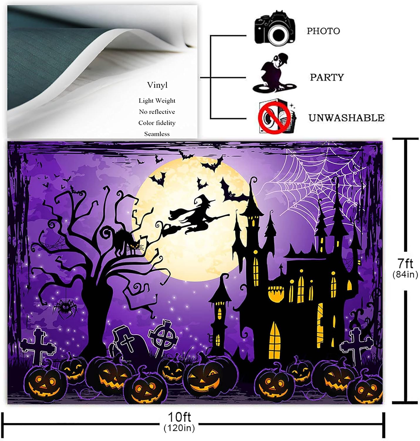 Avezano Happy Halloween Backdrop Purple Sky and Moon Light Castle Pumpkin Lantern Gravedigger Photography Background for Kids Child Party Decoration Photoshoot Photo Booth (10x7ft)