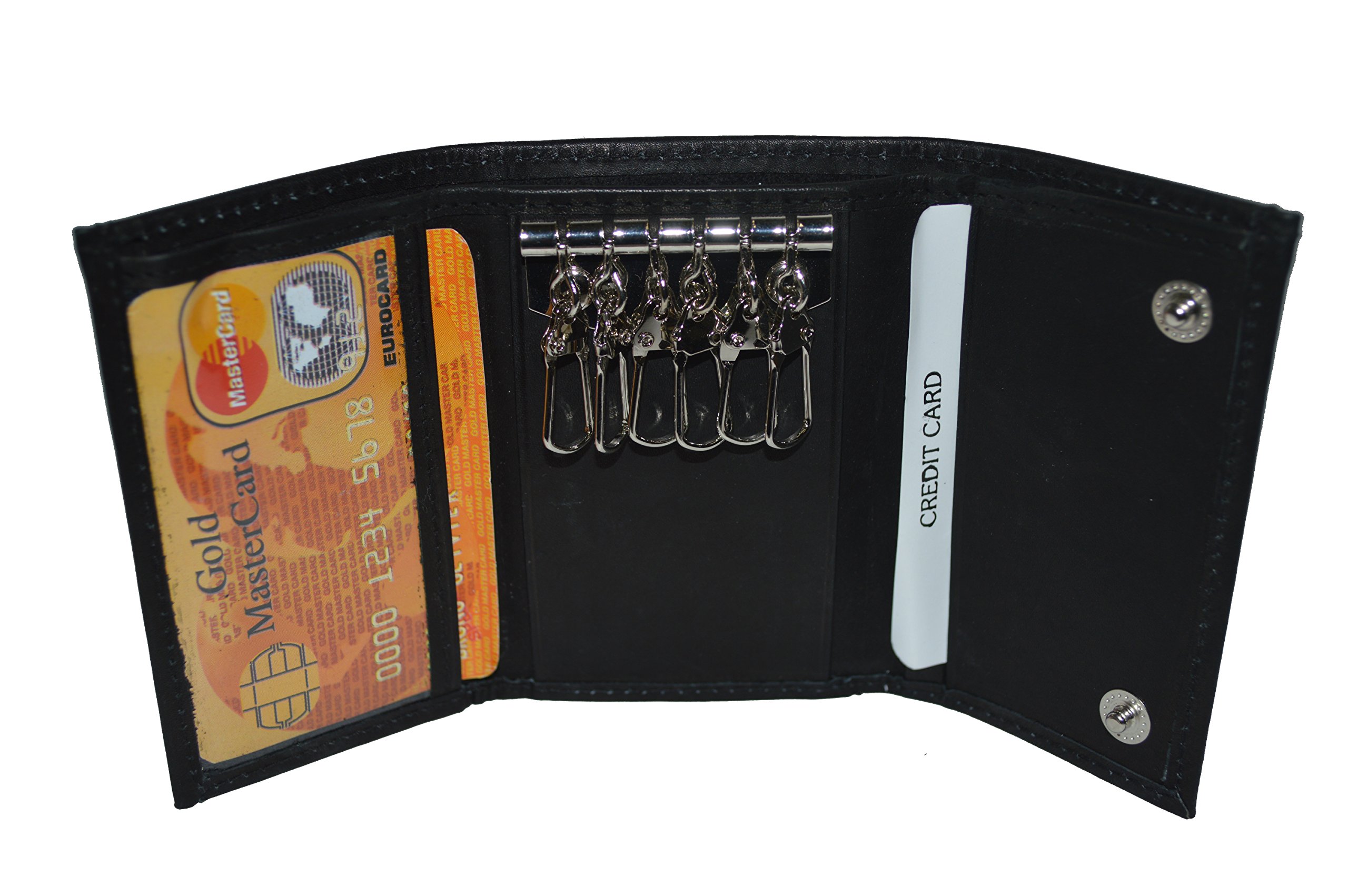 Leatherboss Premium Leather Key Chain Wallet with 6 Metal Key Loops, Clear ID Window, and Credit Card Slots, Black