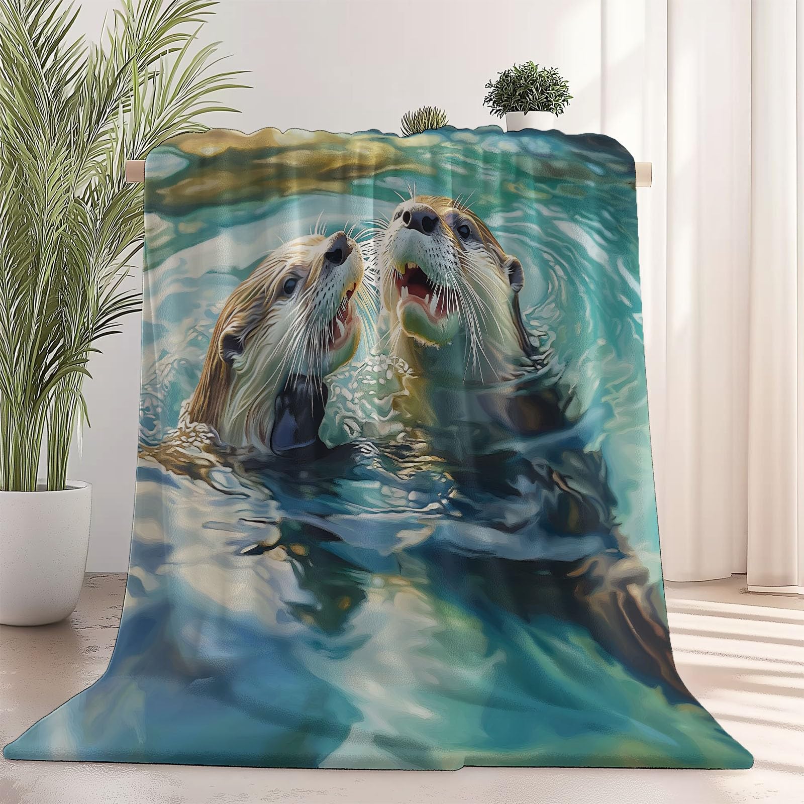 Nadruk jasnozielony, zwierzęcy koc polarowy, miękka wydra powierzchnia wody przytulny flanelowy koc dla nastolatków dorosłych - 150 x 200 cm na łóżko na sofę