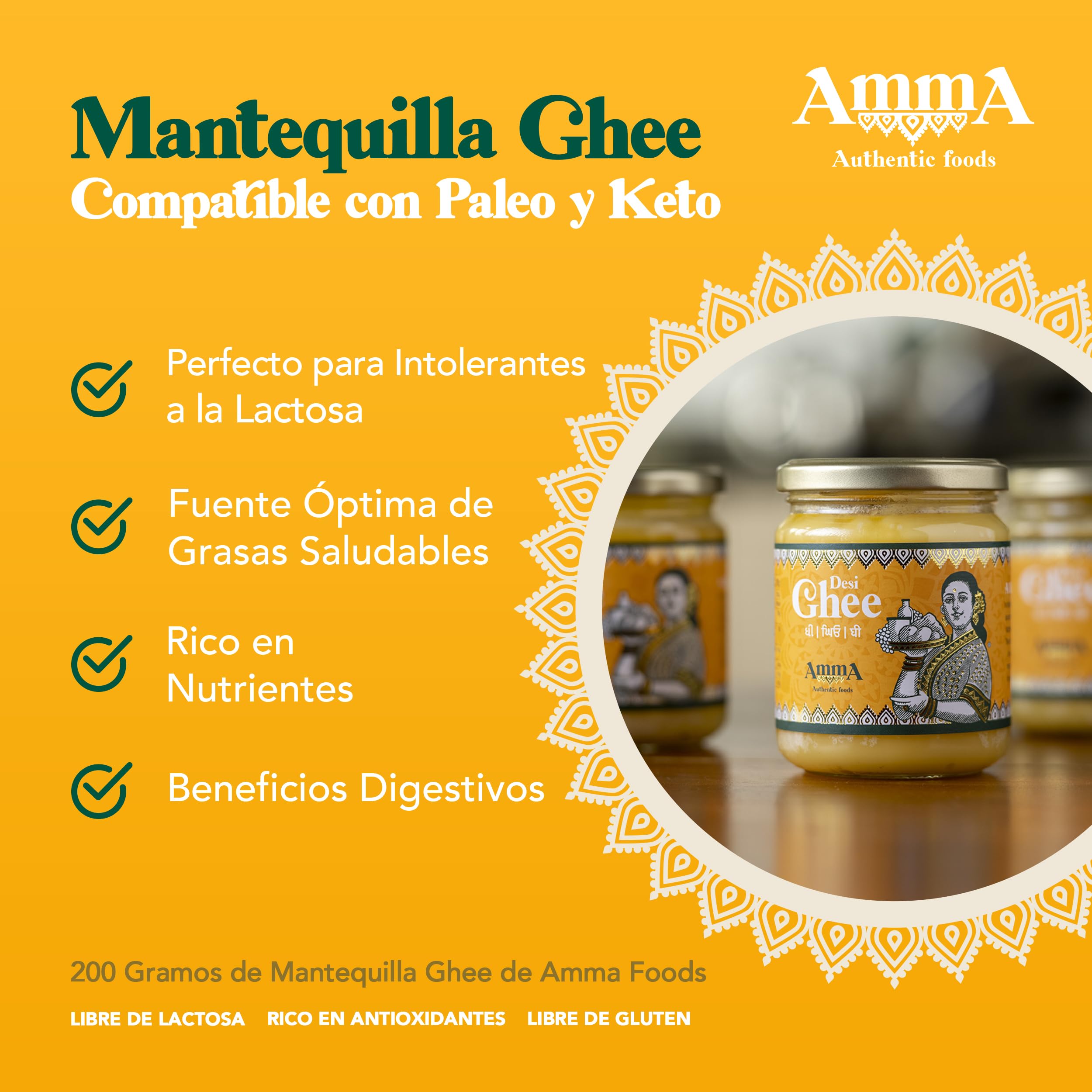 Amma Authentic Foods Ghee Mantequilla Clarificada 400g Apto para Keto y Paleo