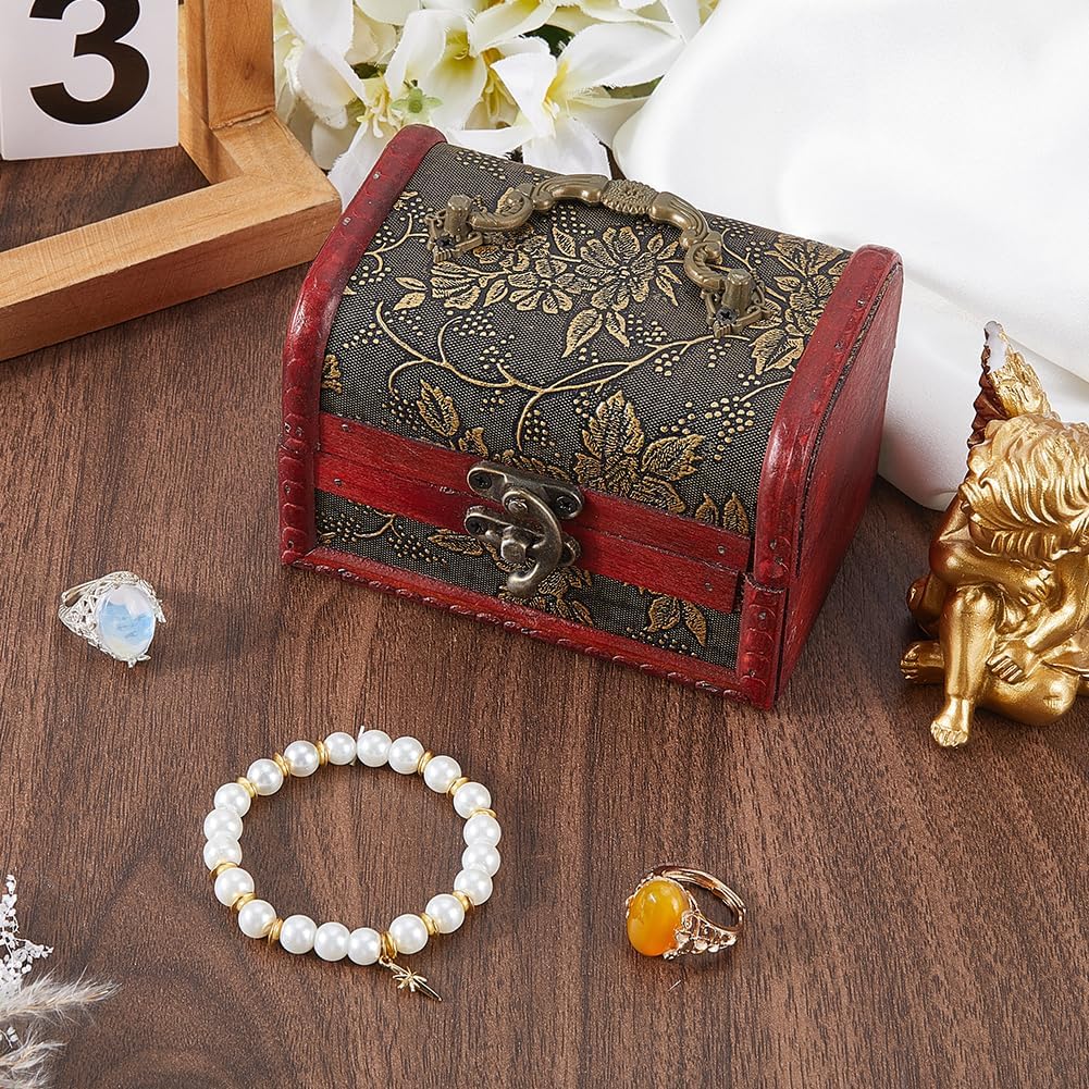 Mini Vintage Wooden Jewelry Stroage Box Retro Pirate Treasure Chest Keepsake Cases Small European Decorative PU Leather Treasure Box with Handle for Jewelry Pearl Trinkets Birthday Gifts