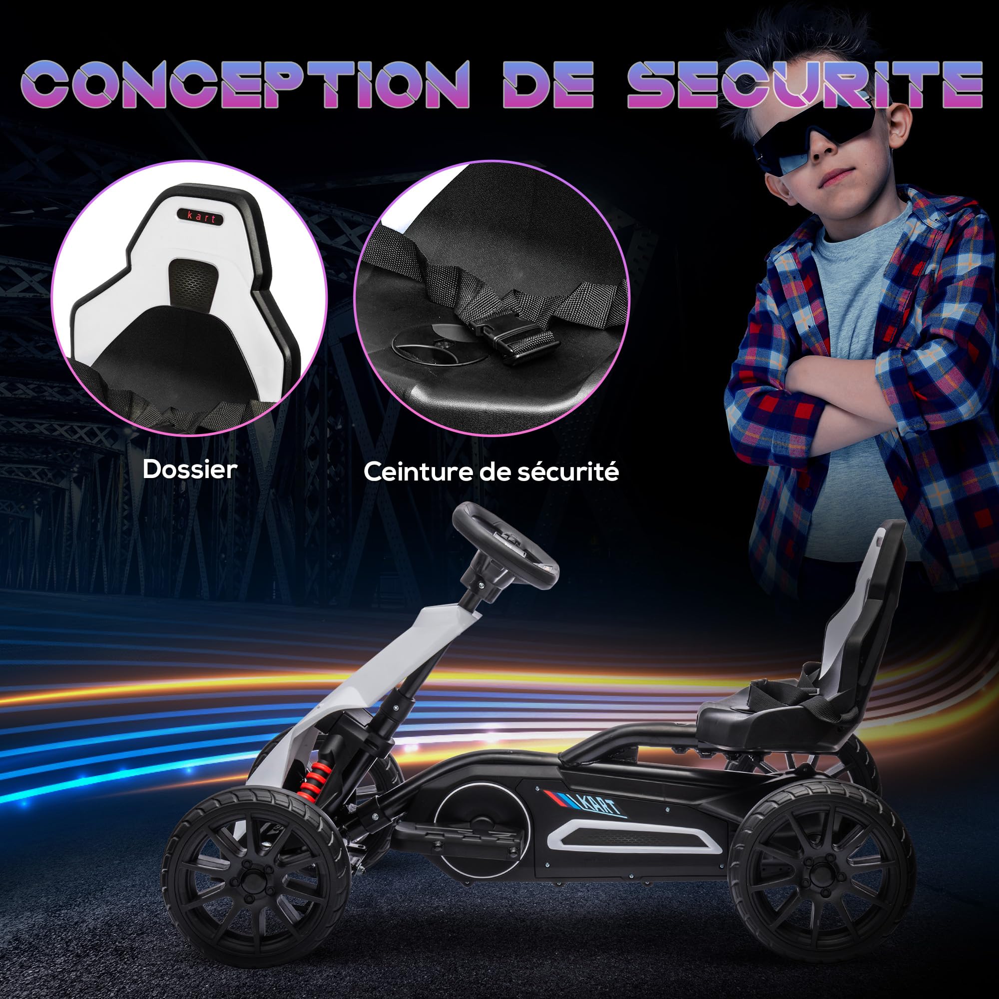 HOMCOM Kart électrique pour Enfant 12V - Vitesse 3-5km/h pour Enfants de 3 à 8 Ans - siège réglable Ceinture de sécurité et 5 Roues - Blanc