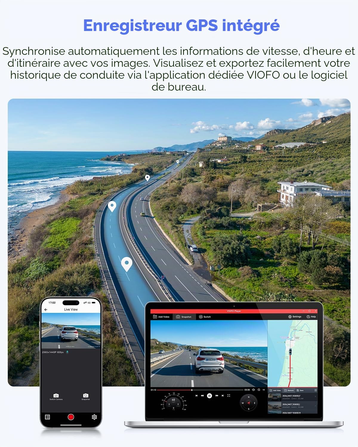 VIOFO A119 V3 Dashcam Avant avec GPS, Caméra de Voiture 2560x1600P Quad HD+ 140 Degrés, G-Sensor, Mode de Stationnement Tamponné, Détection de Mouvement, Enregistrement d'urgence, CPL Optionnel…