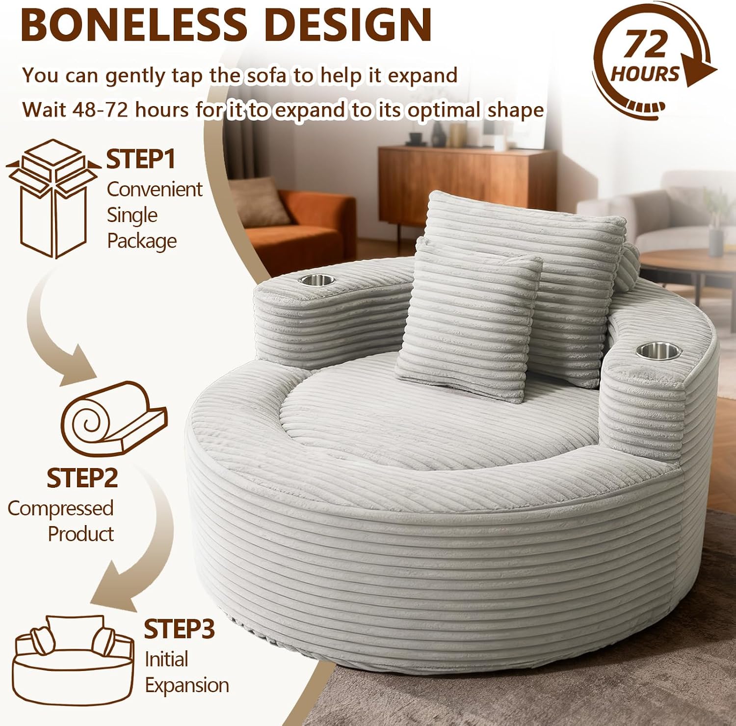Oversized Round Lounge Chair Indoor with Cupholder, Corduroy Comfy Reading Chairs for Adults, Fluffy Boneless Chaise Lounge Chair with Pillows,No Assembly Required (Light Gray, with Cup Holder)