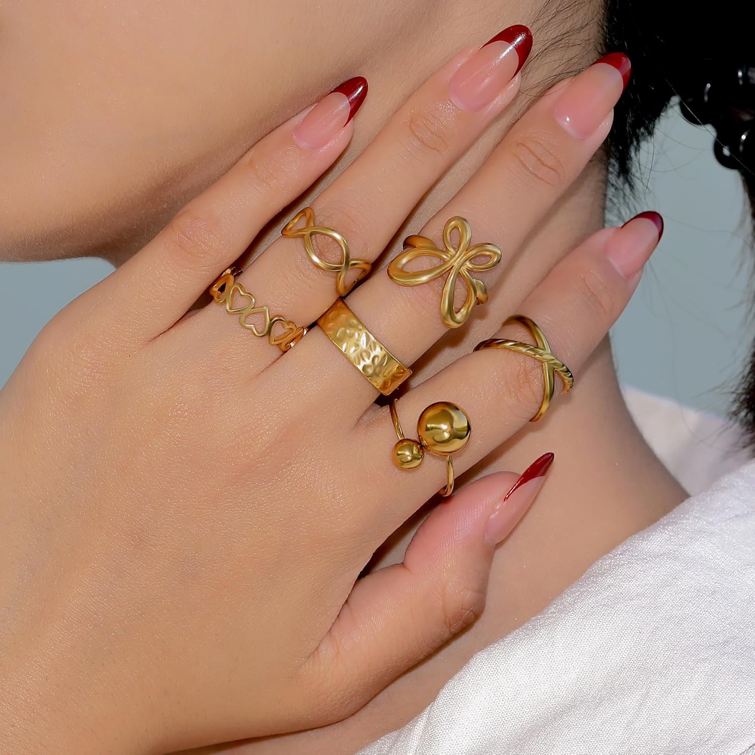 Wellike 6 Pcs Gold Stackable Rings For Women Adjustable Gold Rings Set Chunky Stacking Knuckle Rings 18k Gold Plated Non Tarnish Dainty Butterfly Heart Stainless Steel Thumb Ring Jewelry - Image 2