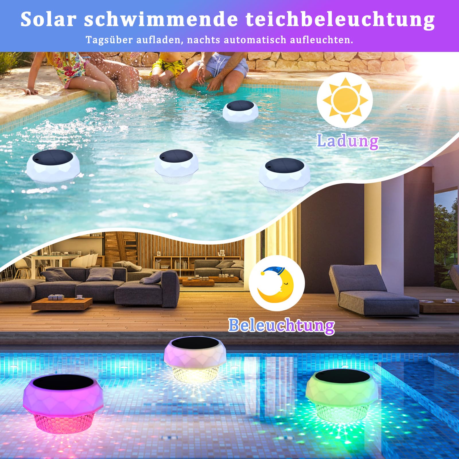 Poolbeleuchtung Solar, RGB+Kaltweiß Led Pool Licht Schwimmende Teichbeleuchtung, RGBW Dimmbar, IP68 Wasserdichte, Led Pool beleuchtung Pool Solar Licht für Pool, Whirlpool, Teich Deko(1pcs)