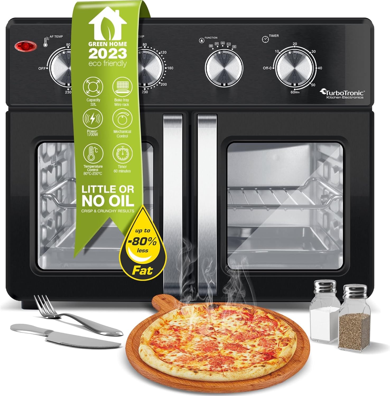 TurboTronic AF32MFD Air Fryer Oven with a cooked pizza in front