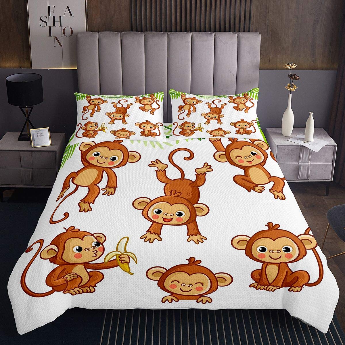 Juego de Colcha niños de Monos de Dibujos Animados,Mono plátano,niñas de Animales Salvajes,Juego de edredón,Dormitorio,2 Piezas,