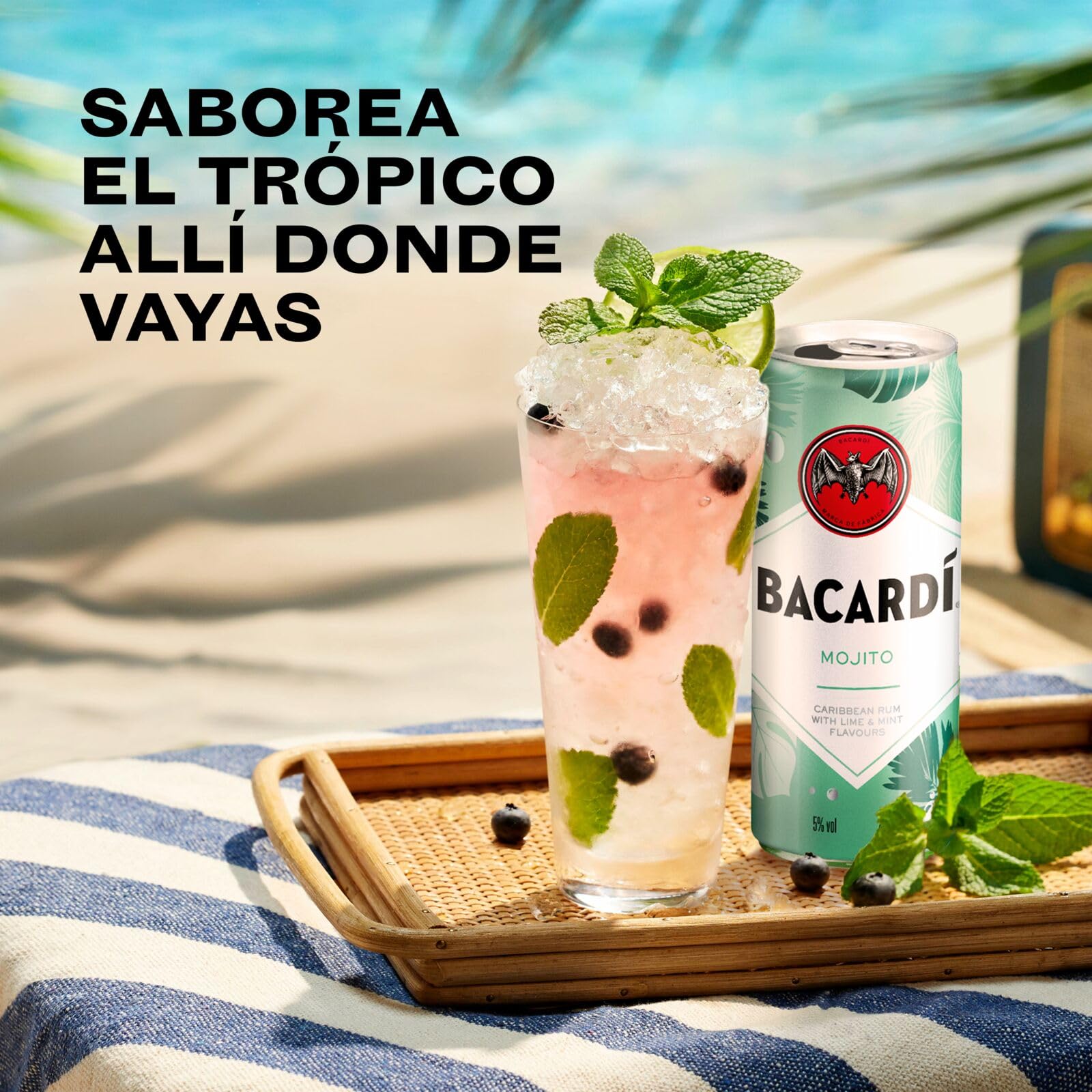 BACARDÍ Mojito es un cóctel enlatado, ALC. 5%, 12 x 25 cl / 250 ml, listo para beber, elaborado con ron BACARDÍ Carta Blanca y mezclado con lima y hierbabuena