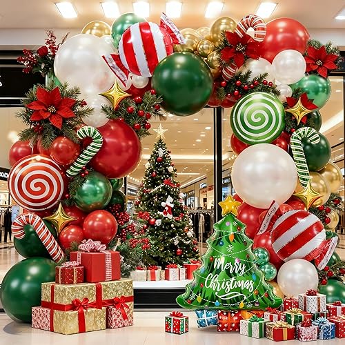 Bonropin 161pcs Christmas Balloon Garland Arch Kit with Red Green Pearl White Gold Metallic Green Balloons Candy Cane Xmas Tree Balloons Gold Star Balloon for Xmas Party Decorations