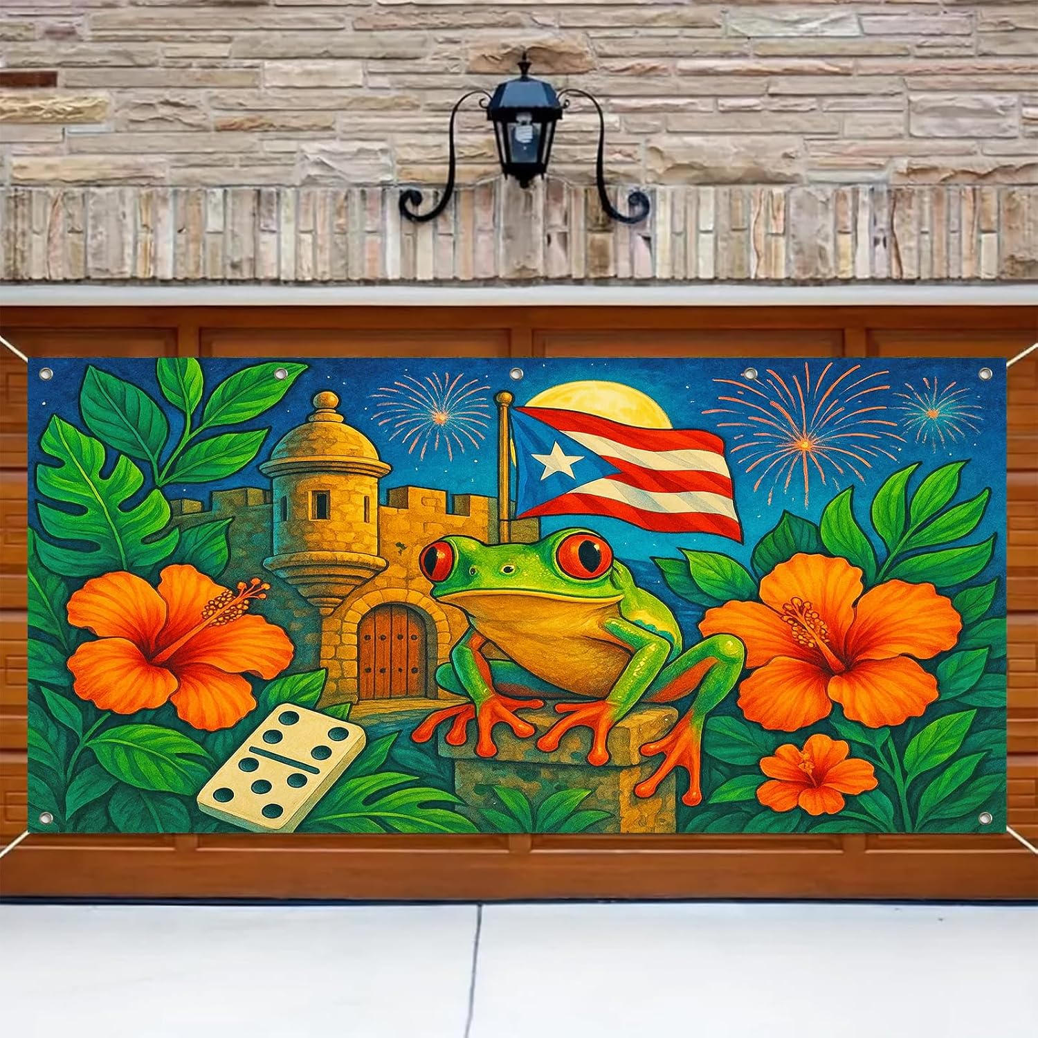 HOMETITUTE Puerto Rico Garage Door Banner 13x6ft Tropical Island Decoration VibrantFrog Flag Fortress Photo Prop Background for Cultural Pride Garage Door Background Outdoor Festive Scene Display