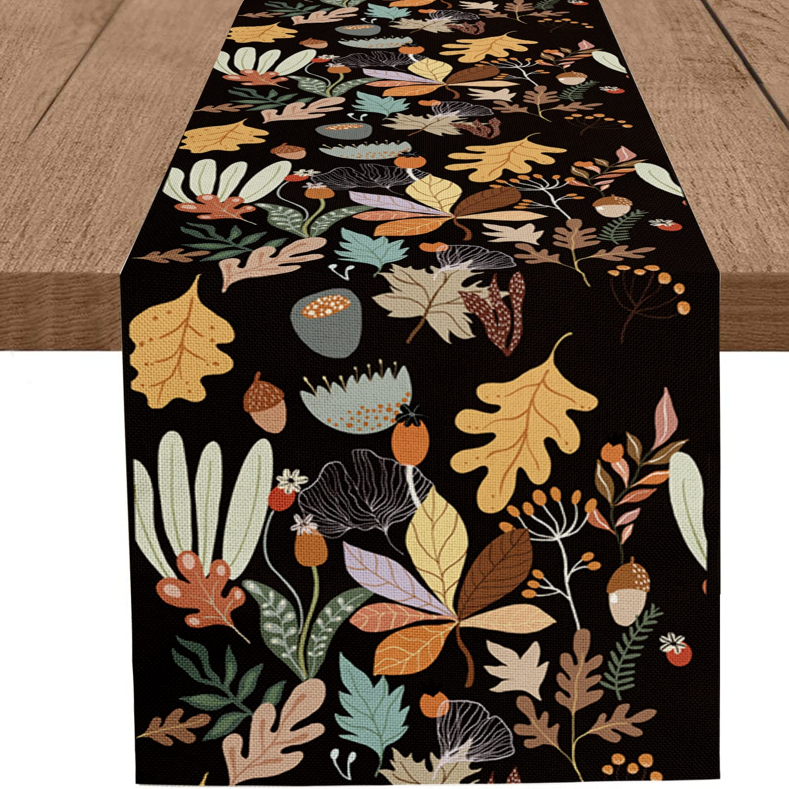 WHOMEAF Fall Boho Modern Table Runner Colorful Leafs Burlap Table Runners Autumn Maple Leaf Fruit Design Decor for Kitchen Dining Home Table Center Patio Party Indoor Outdoor (Carbon Black 13x48 Inch)