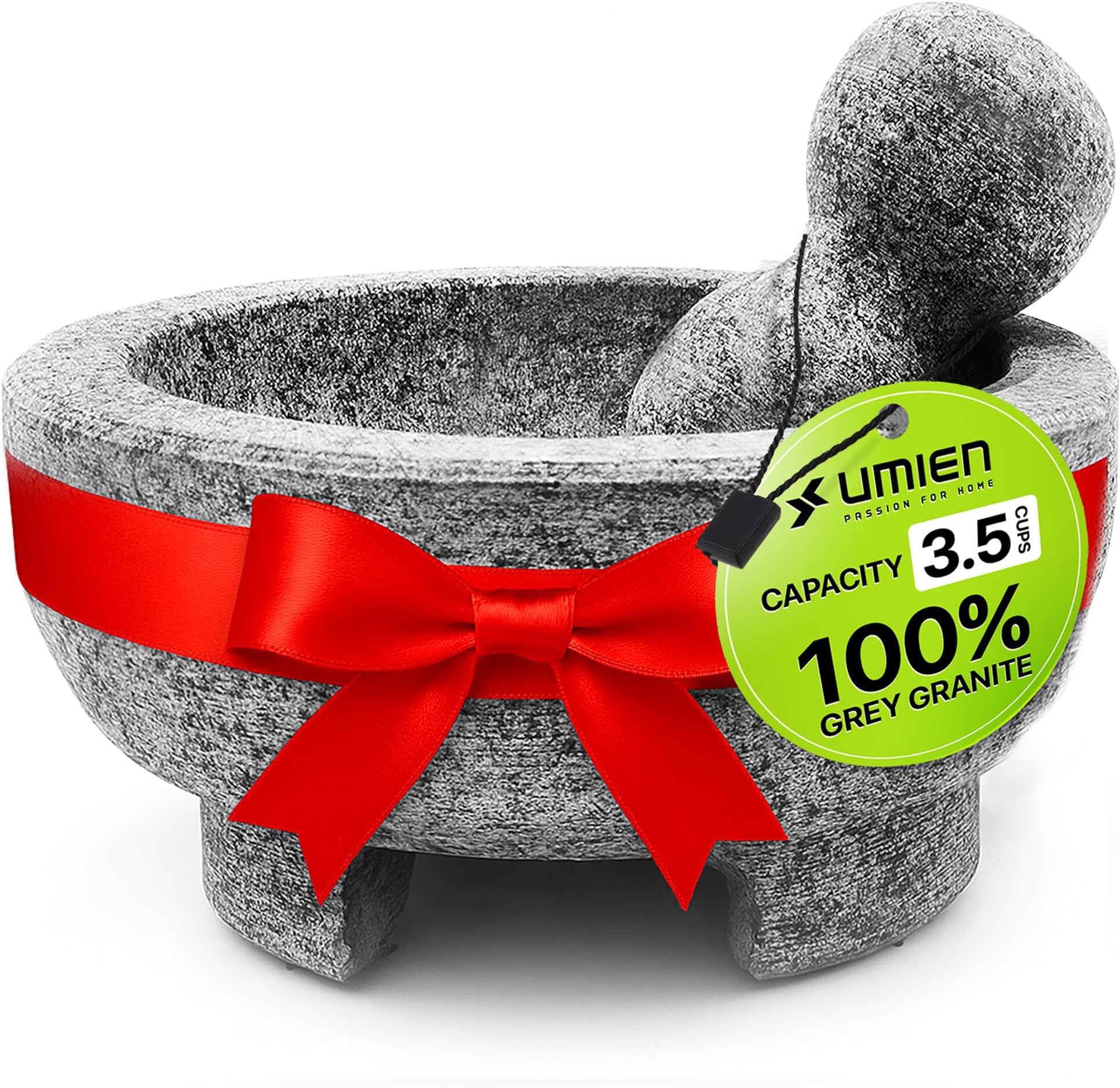 Umien™ Granite Mortar and Pestle Set Guacamole Bowl Molcajete 8 Inch - Natural Stone Grinder for Spices, Seasonings, Pastes, Pestos and Guacamole - Extra Bonus Avocado Tool Included