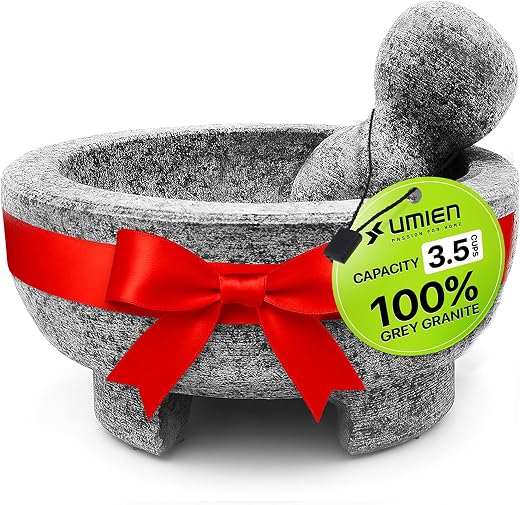 umien Granite Mortar and Pestle Set guacamole bowl Molcajete 8 Inch - Natural Stone Grinder for Spices, Seasonings, Paste...