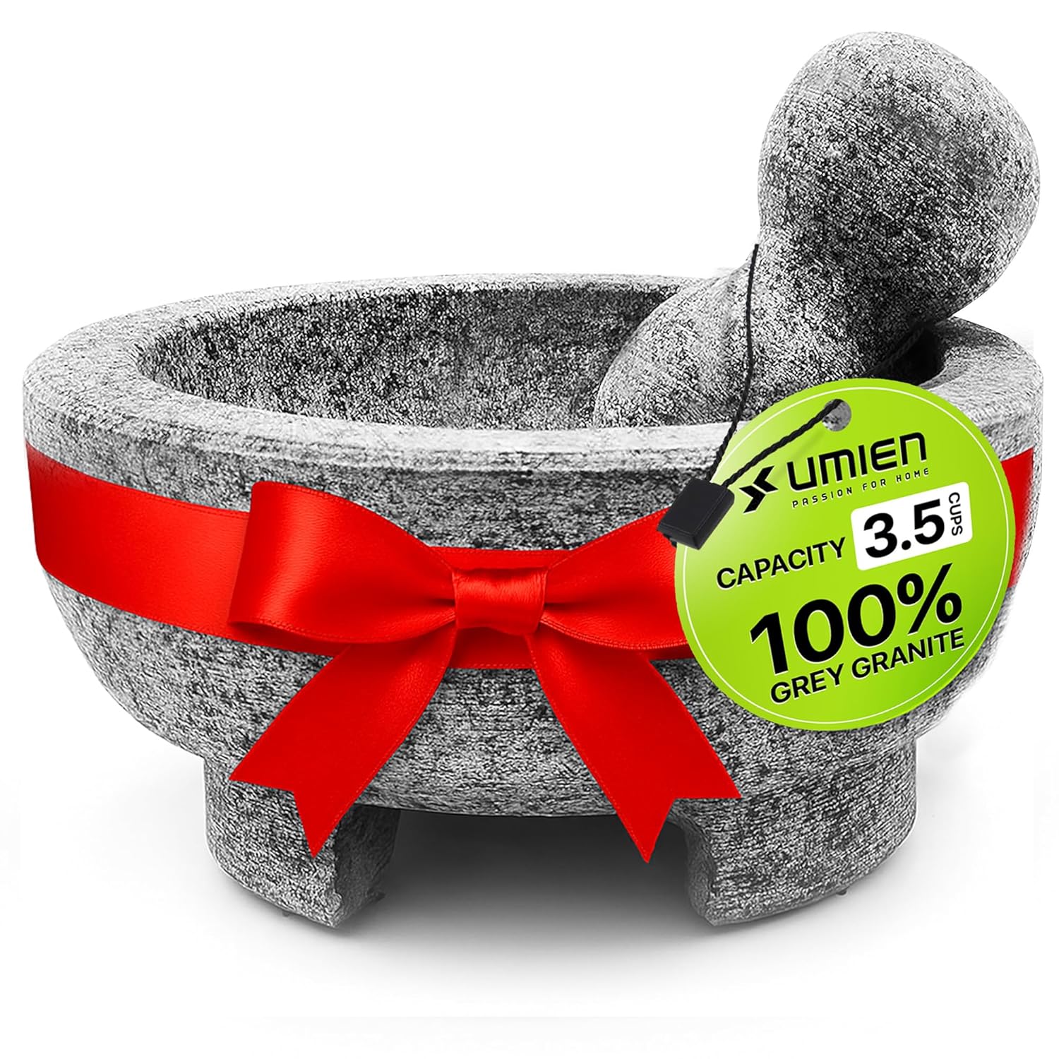 Umien Granite Mortar and Pestle Set - 8-Inch Natural Stone Molcajete with Avocado Tool - 3.5 Cup Capacity for Spices, Herbs, Pestos & Guacamole - Premium Kitchen Christmas Gift (Grey)