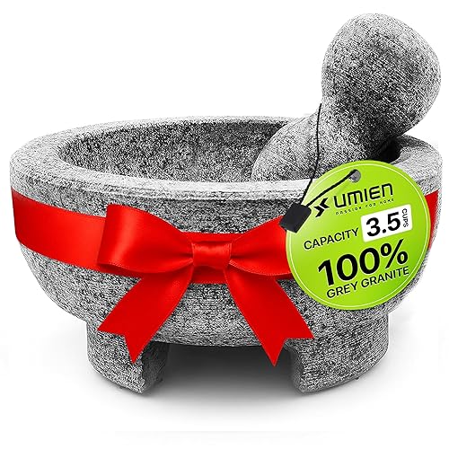 Umien Juego de mortero y mortero de granito, molcajete de piedra natural de 8 pulgadas con herramienta de aguacate, capacidad de 3.5 tazas para