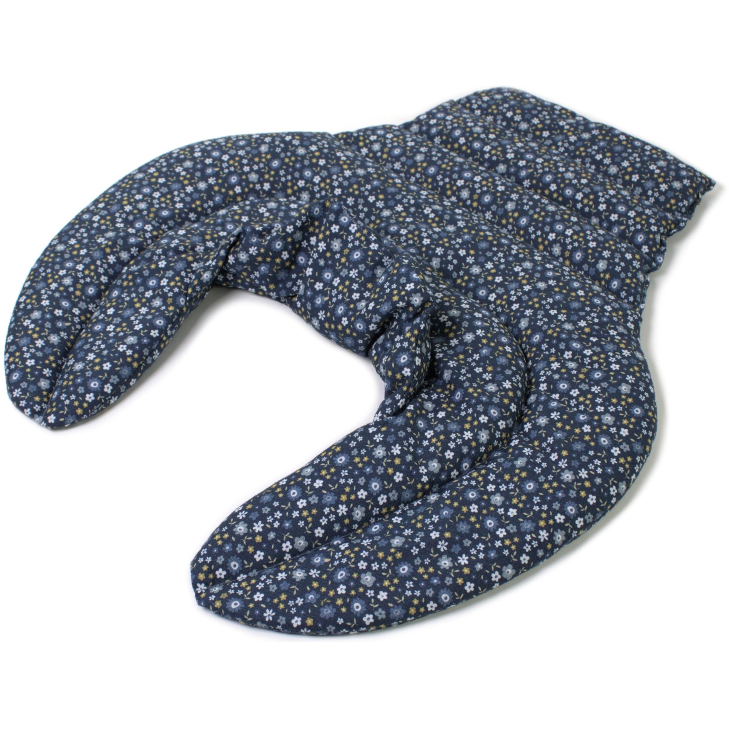 Tour de cou pour vertèbres cervicales avec col montant et partie dorsale - Tissu biologique fleurs bleues- Coussin chaud aux pépins de raisin - HWS