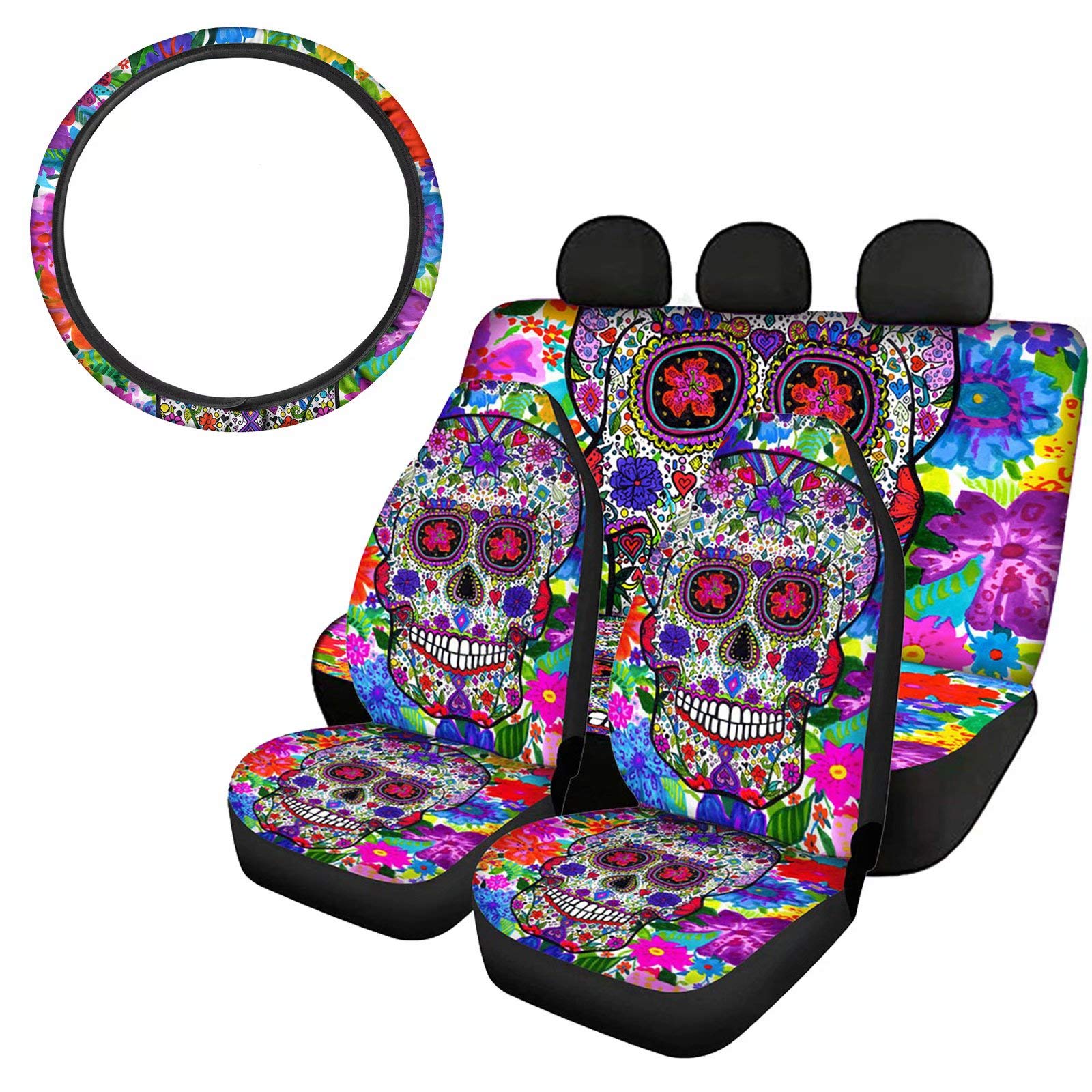 AFPANQZ Hip Hop Sugar Skulls Car Seat Cover Full Set Protection with Automotive Steering Wheel Covers 15" Universal Fit SUVs Vans Trucks Front Rear Seat Accessories, Set of 5, Colored