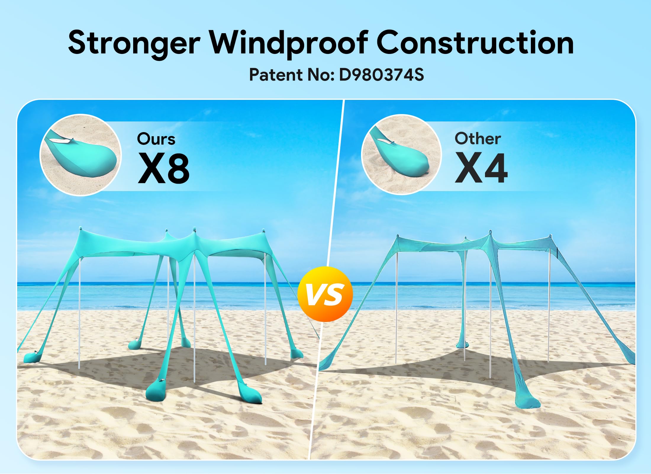 Osoeri Tenda da spiaggia, 3 x 3 m, parasole per campeggio, spiaggia, UPF50+, con 8 sacchi di sabbia, pala per sabbia, picchetti e pali di stabilità, ombra esterna per campeggio, pesca, divertimento in