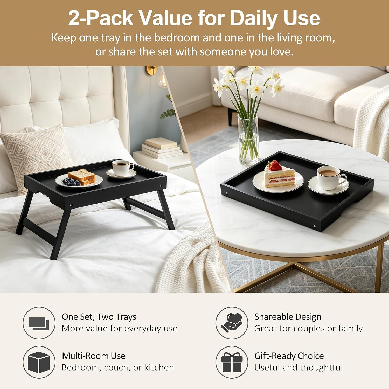 Large Breakfast Tray with Folding Legs Set of 2, 16.9" x 12.2" Bamboo Bed Tray Table with Ergonomic Wave Handles, Foldable TV Dinner Tray for Bed Couch Sofa, Breakfast, Laptop, Coffee, Black