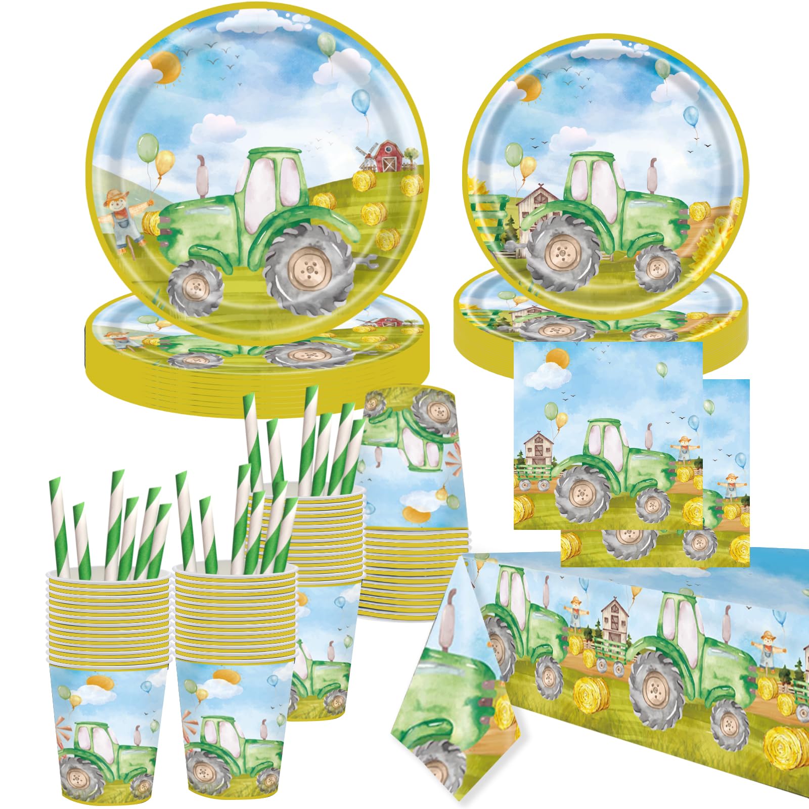 Tractor Party Supplies, Farm Tractor Tableware Party Plates 9" 7" Plates Napkins Straws 9 Oz Cups Tablecloth for Farm Tractor Birthday Party