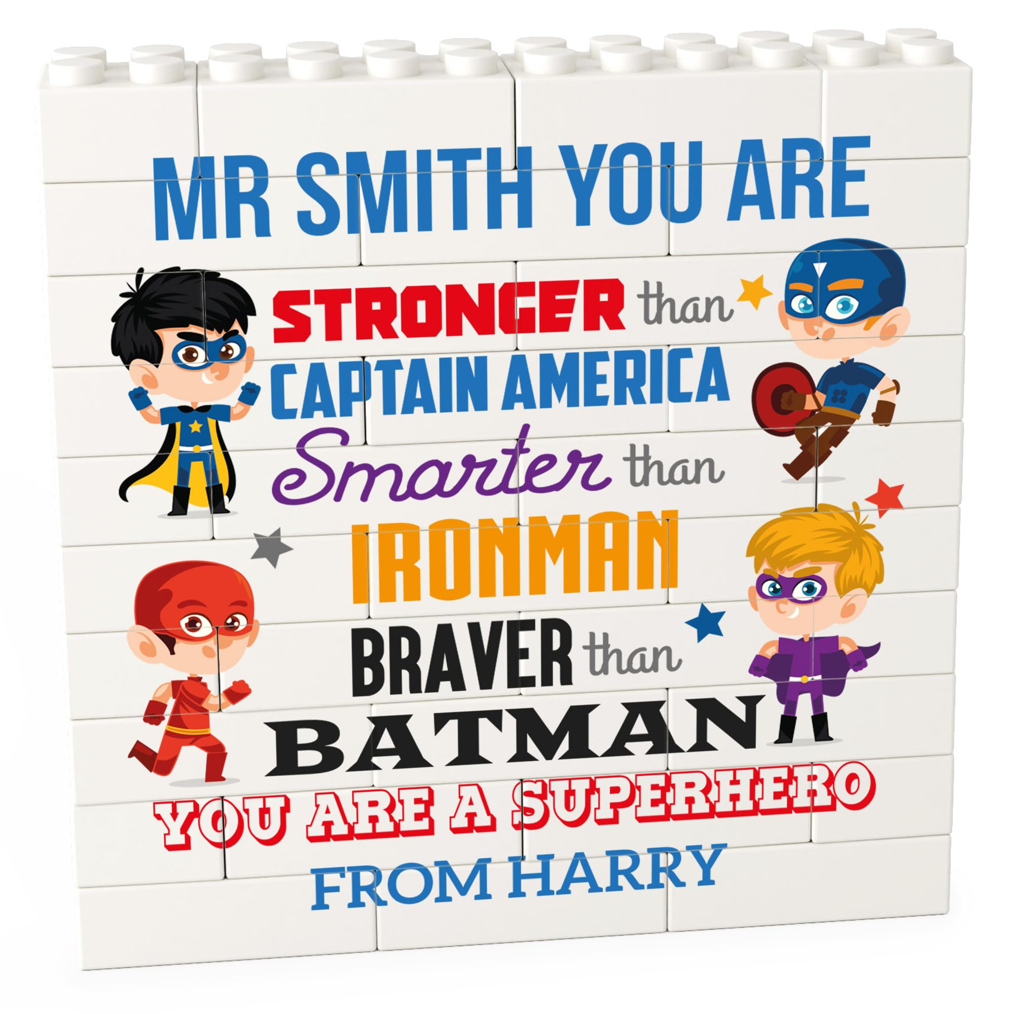 Beecreative Personalised Male Teacher Thank You Gifts - Custom Building Block Puzzle Set - Superhero Teacher Gifts For Men