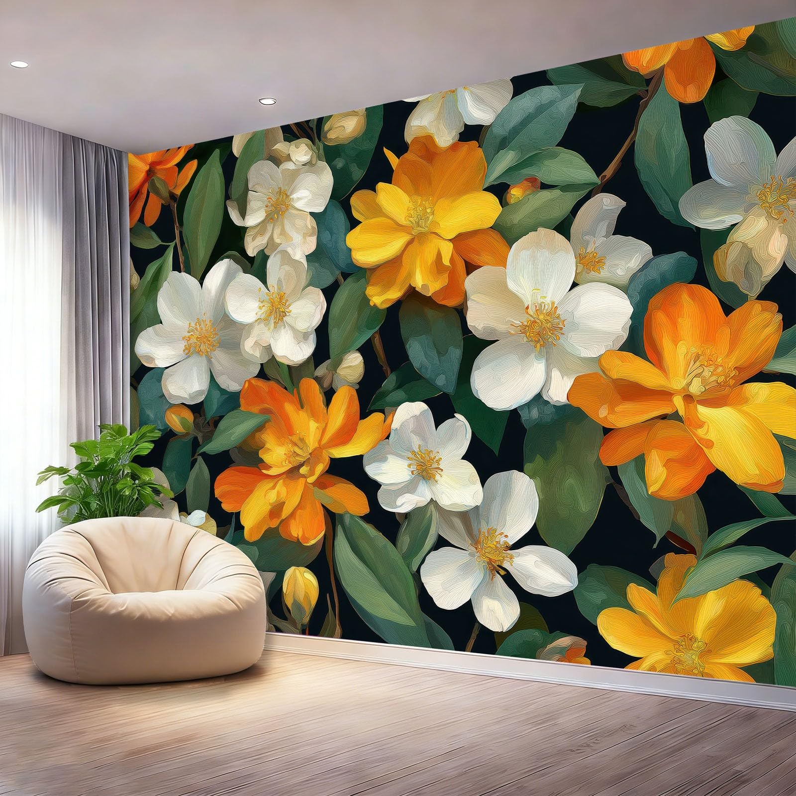 Panoramiczna tapeta mural 250 x 175 cm cecha sypialnia kamelia zielone liście salon, sypialnia, biuro dekoracja domu vintage botaniczny kwiatowy spalony pomarańczowy