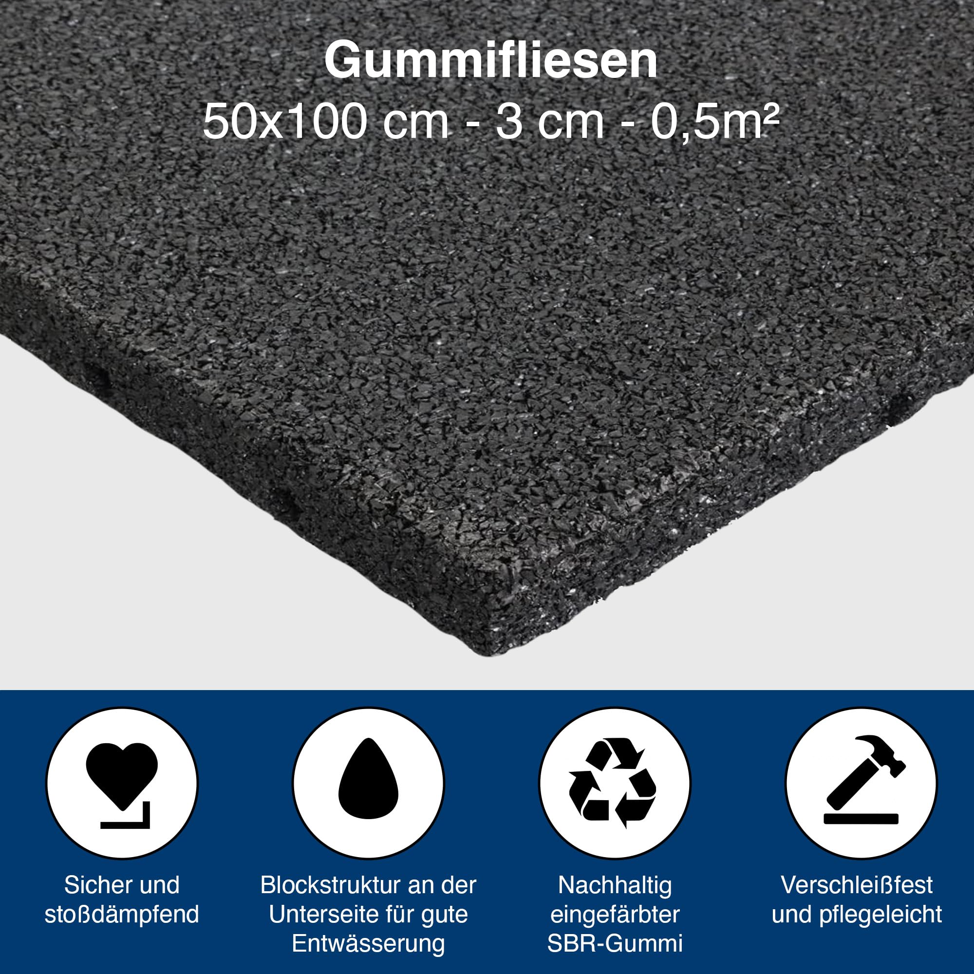 Gummimatte 50x100 cm – Antivibrationsmatte 30 mm – rutschfeste, Wetterbeständige Gummiplatte für Waschmaschine, Flachdach, Balkon, Gehweg & Spielplatz – Schalldämmende Bodenmatte