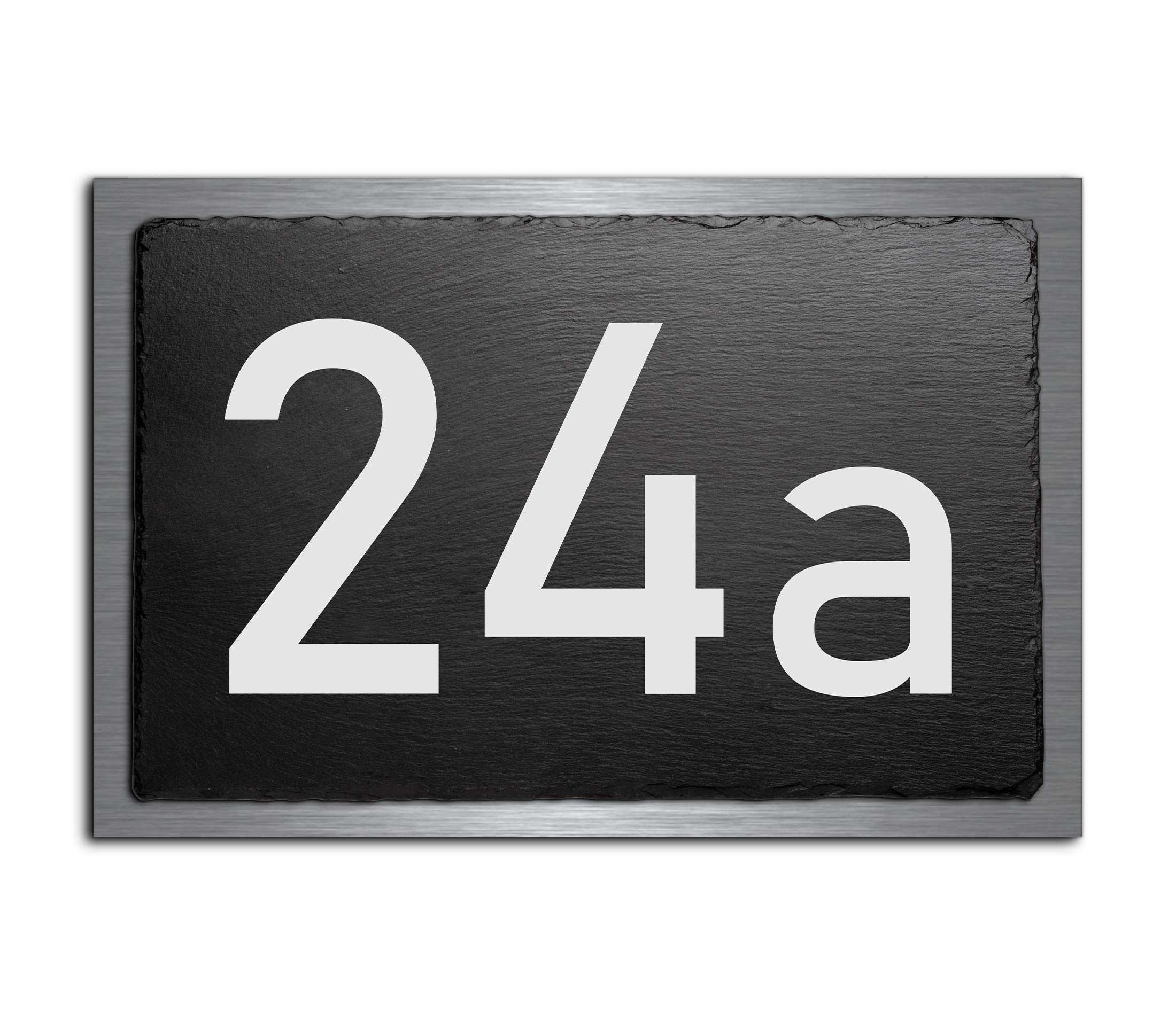 Titel: Premium Türschild | Hausnummer aus Schiefer und V2A Edelstahl | Namensschilder mit Gravur und Motiven Familien-schilder für die Haustür mit Namen selbstklebend oder mit Bolzen 30x20 cm