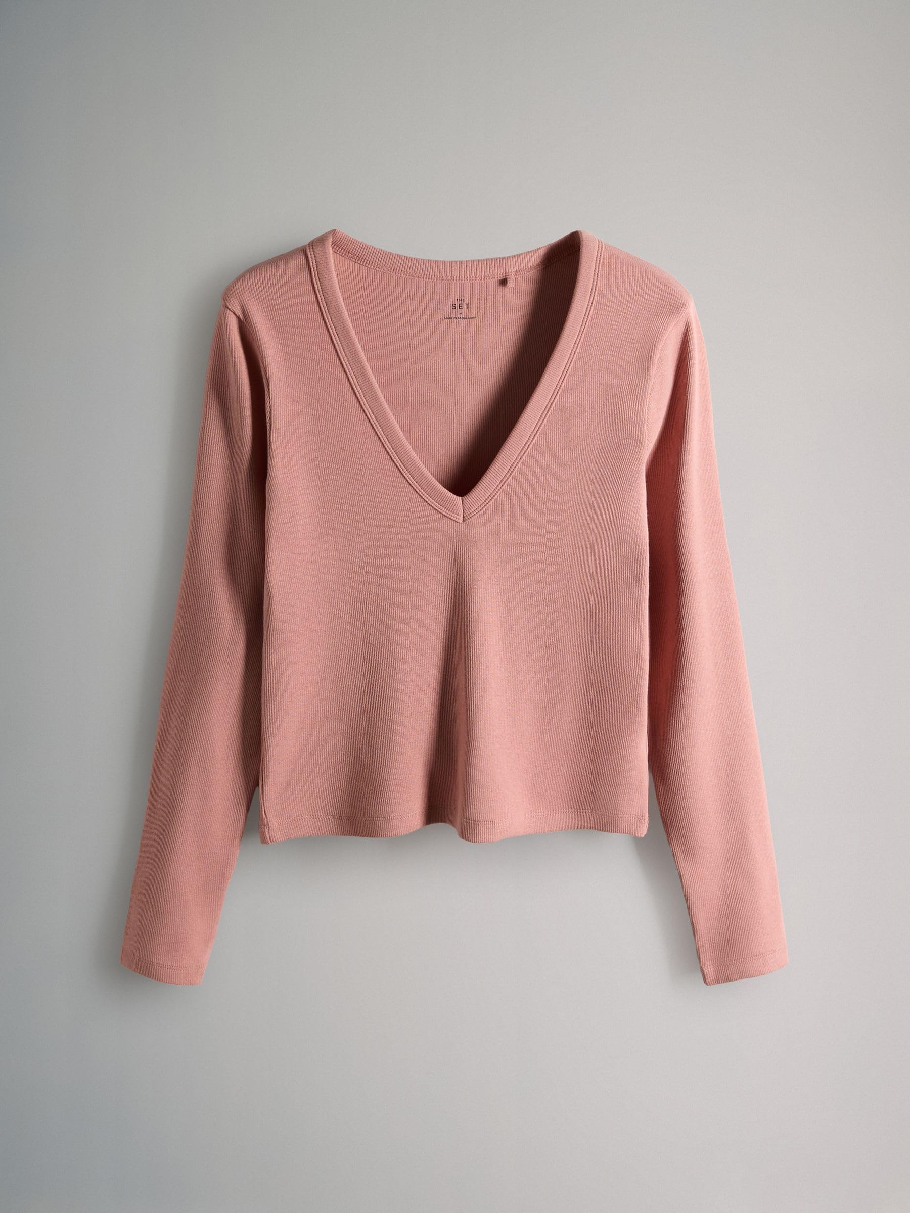 THE SET Femme T-Shirt côtelé à Manches Longues et Encolure en V, Lot de 5 | Coupe standard