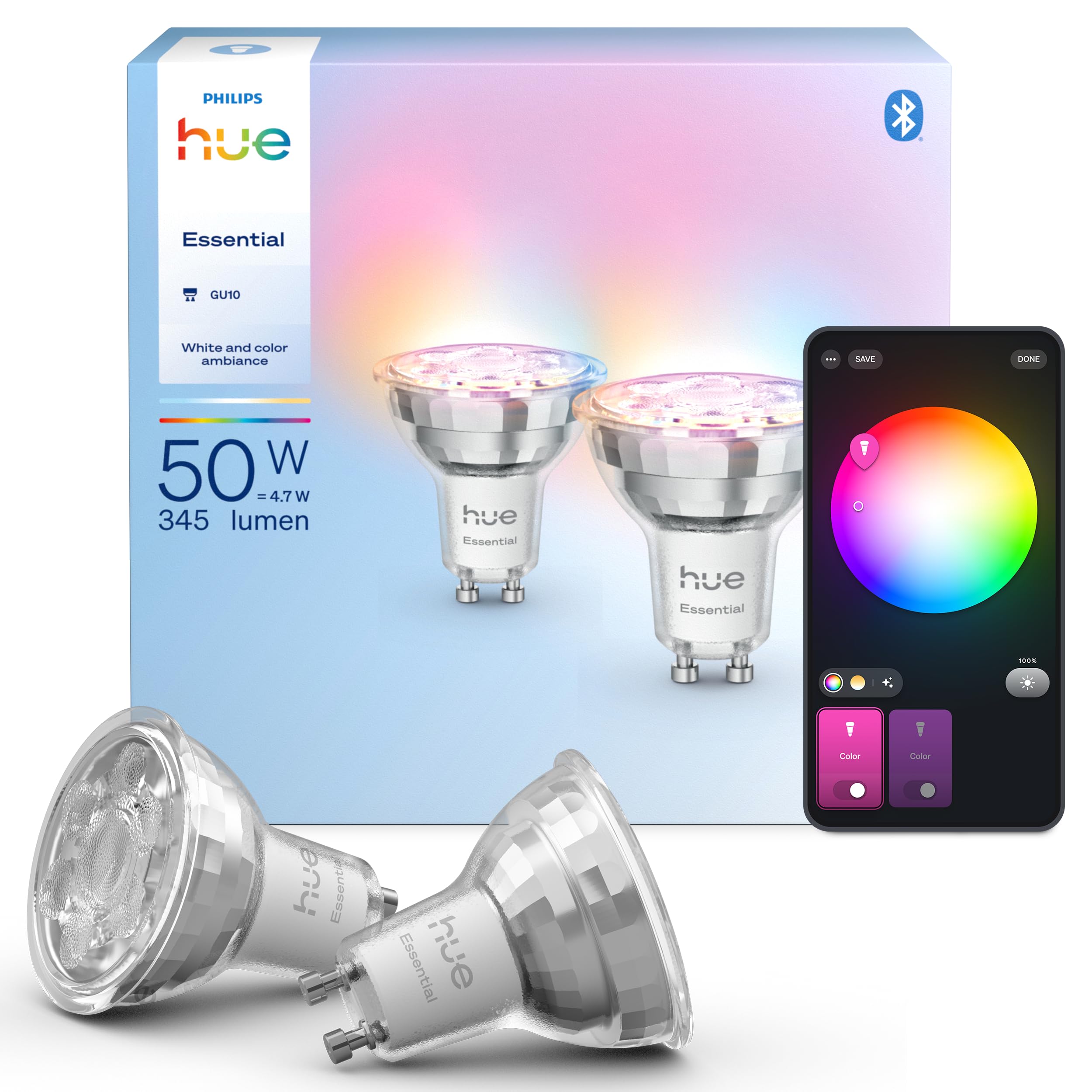Philips Hue Essential - Faretto intelligente GU10, 4,7 W, 345 lumen, 2 ECOPAACT
