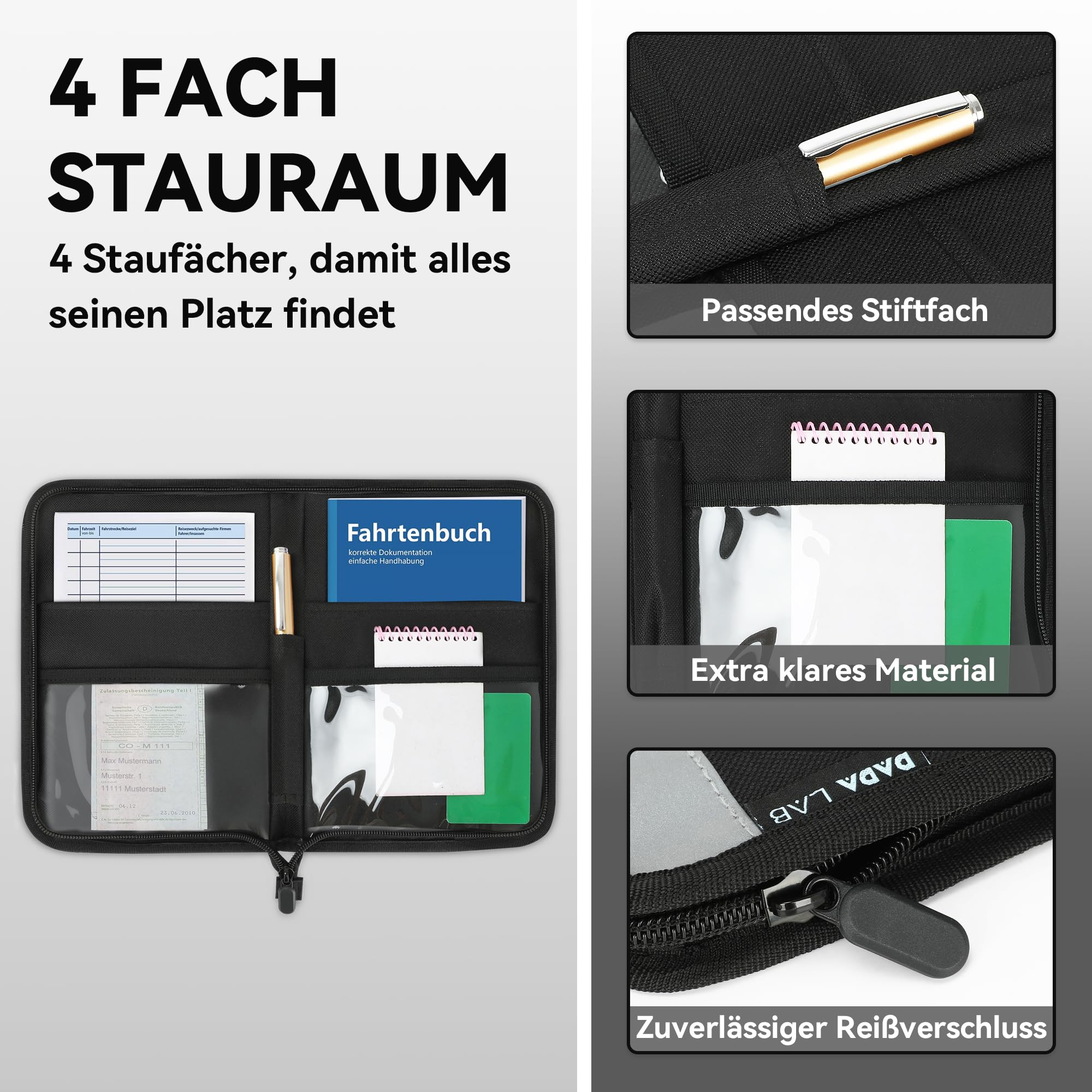 Carpeta para coche A5, guantera, 4 compartimentos, rayas reflectantes, compartimento para tarjetas separado, carpeta para documentos, color negro