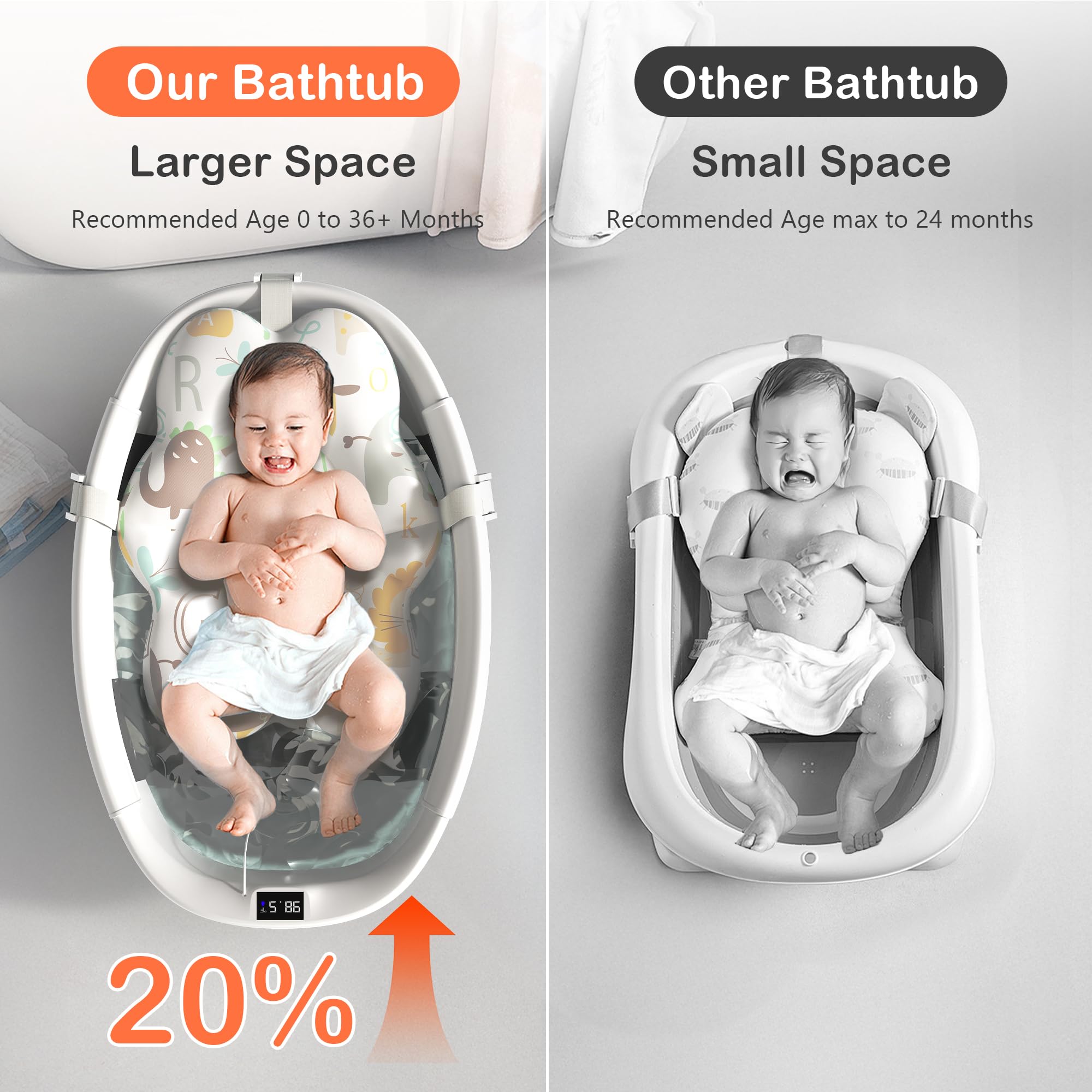 Bañera plegable para bebé, bañera grande con termómetro y cojín, bañera portátil de viaje para recién nacidos, bañera plegable para bebés de 0 a 36 meses (gris)