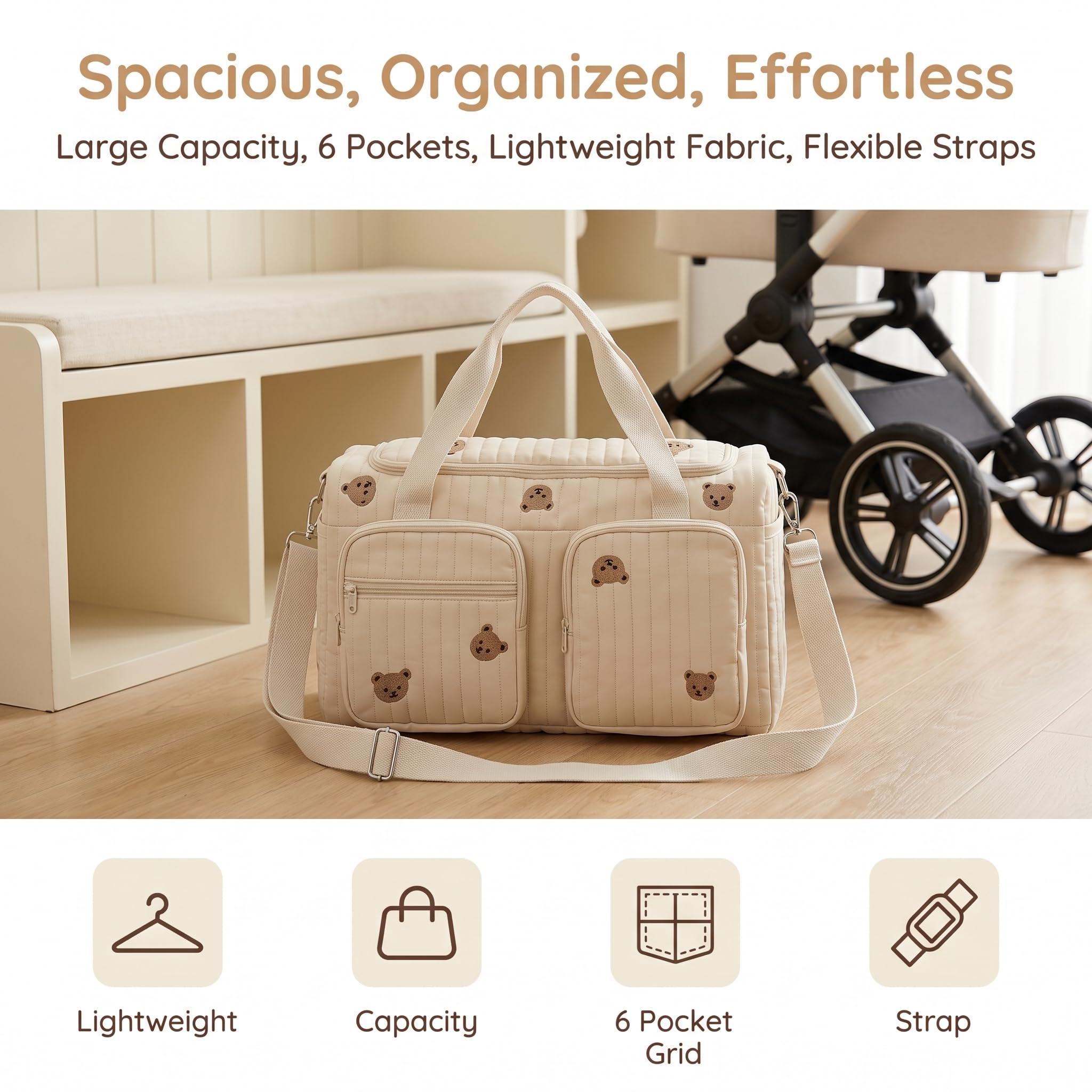 Borsa Fasciatoio in Cotone, Borsa Parto Ospedale Mamma Multifunzionale con Tracolla Rimovibile, Borsa Passeggino Universale Grande per Viaggio