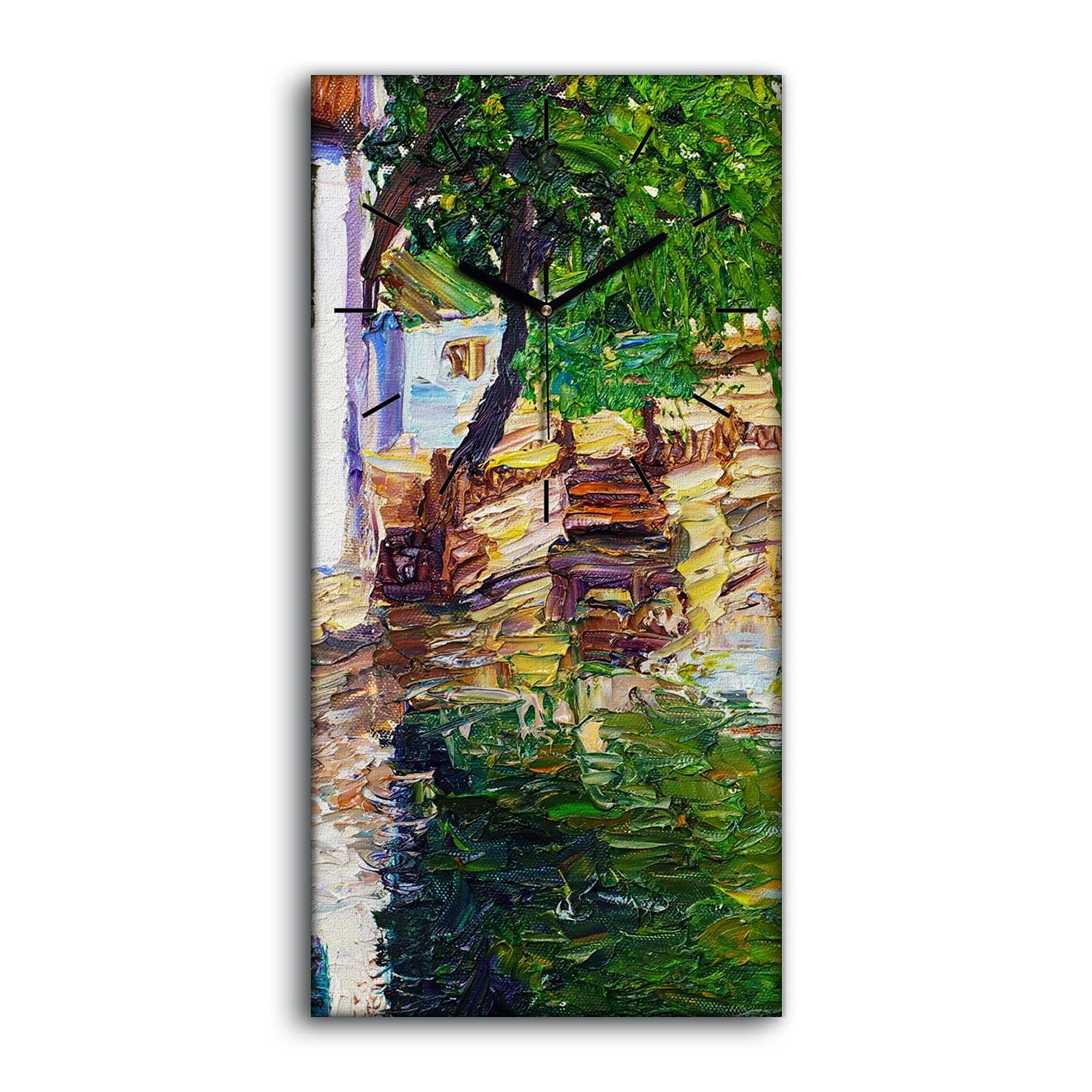 Horloge sur toile avec mains noires et motif bateau de village chinois traditionnel