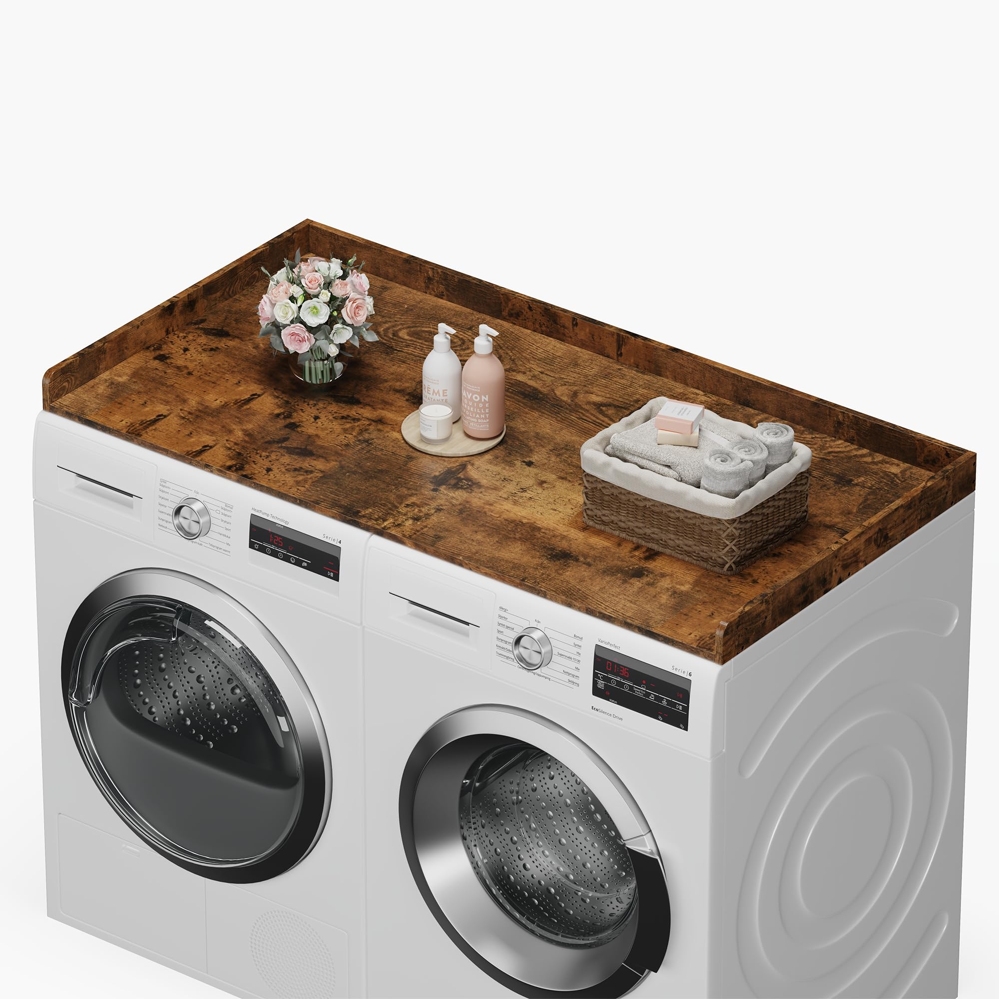 Encimera de madera para lavadora y secadora efluky con rieles en los bordes para organizar y almacenar el lavadero. Cubierta para lavadora y secadora para lavadero, 27,5 x 54, marrón rústico.
