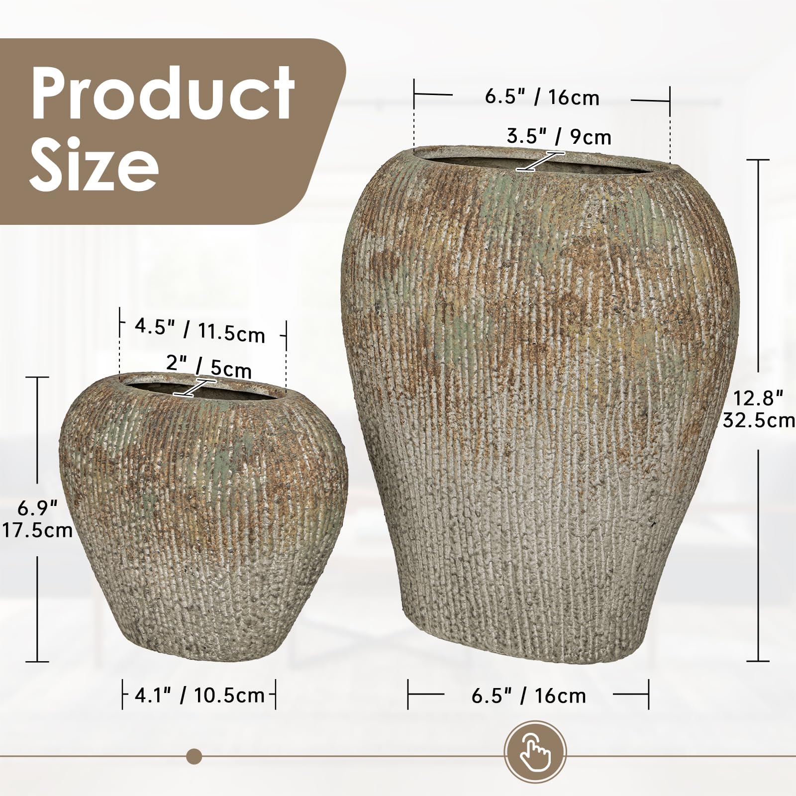 Briful Jarrón plano de cerámica delgado de 12.8 pulgadas para decoración del hogar, jarrón de flores gris musgo acanalado de 32 cm, jarrones decorativos estrechos que ahorran espacio para flores