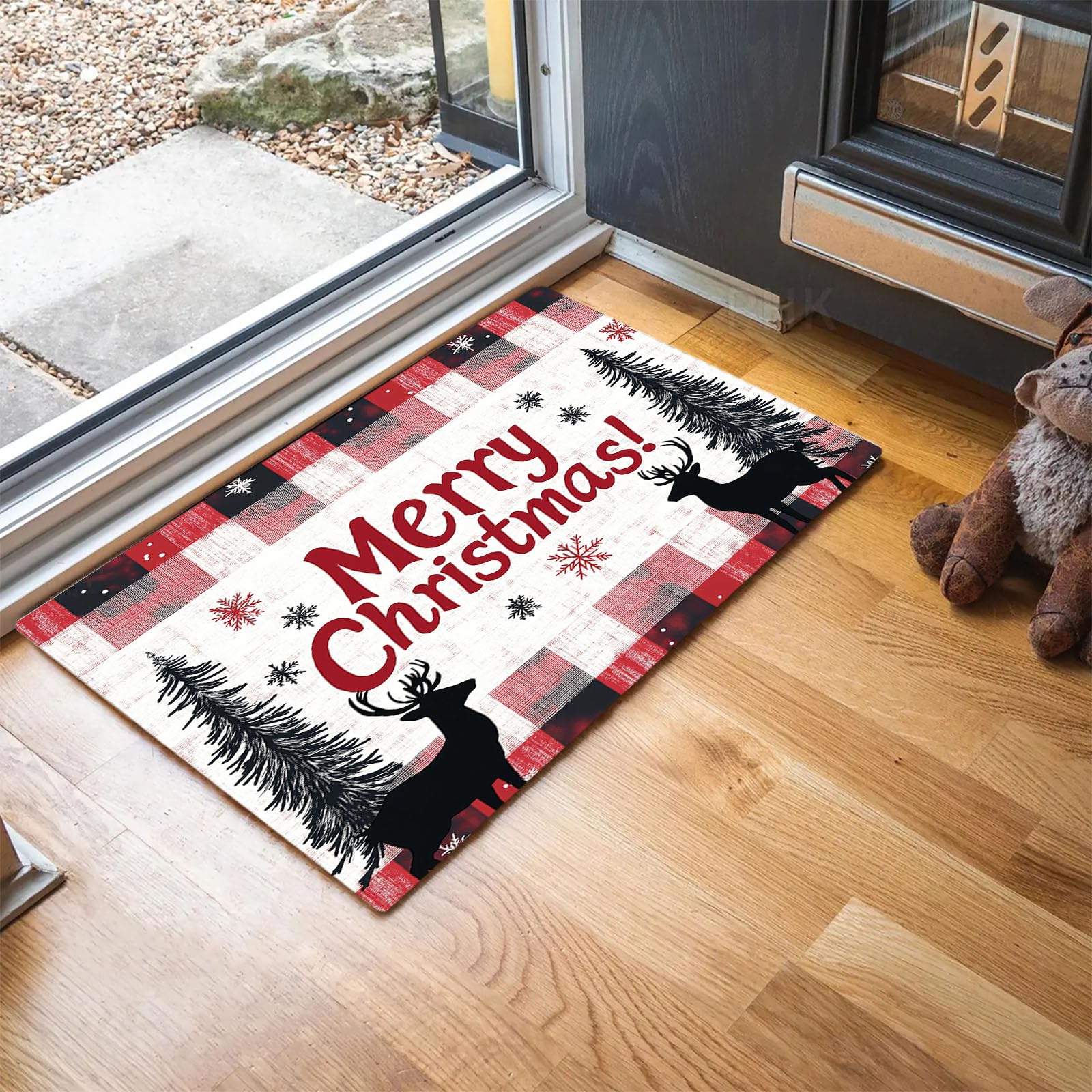 Felpudo de Navidad para decoración del hogar tapete rojo y negro con patrón de pino