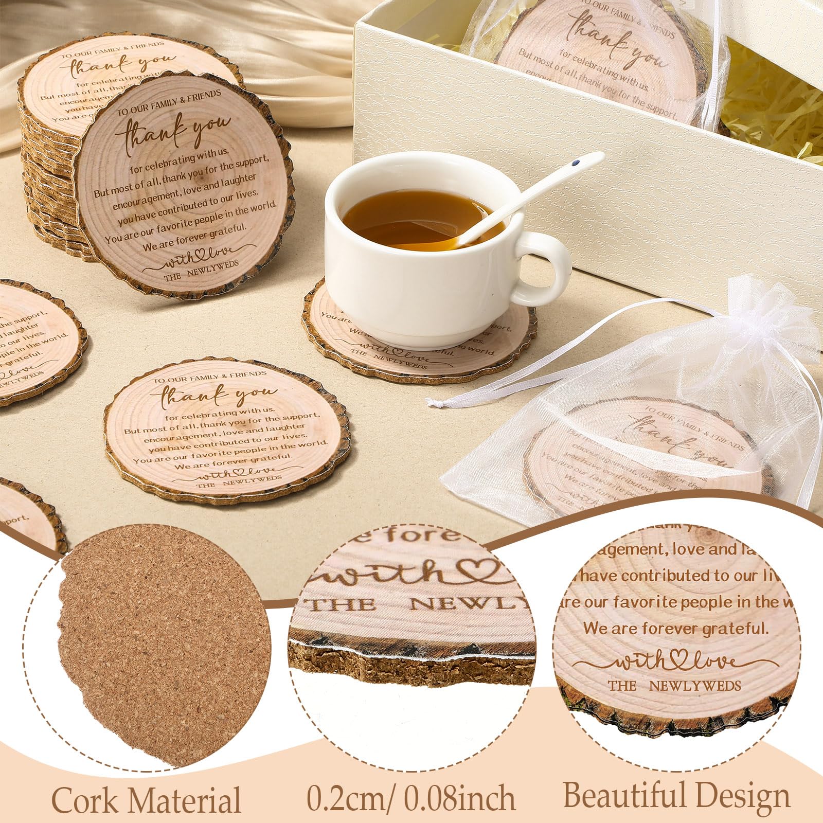 Hushee Juego de 100 posavasos de corcho con corteza de árbol para invitados a granel con texto en inglés "Thank You for Celebrating with Us", decoración de fiestas, posavasos de madera para boda,