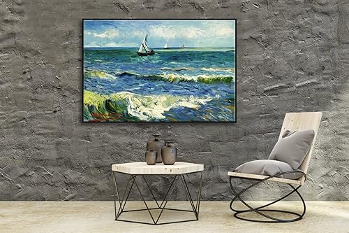 Miniatura 2 de Wieco Art Lienzo enmarcado negro extra grande con paisaje marino en Saintes Maries por Vincent Van Gogh, obras de arte modernas, imágenes de mar