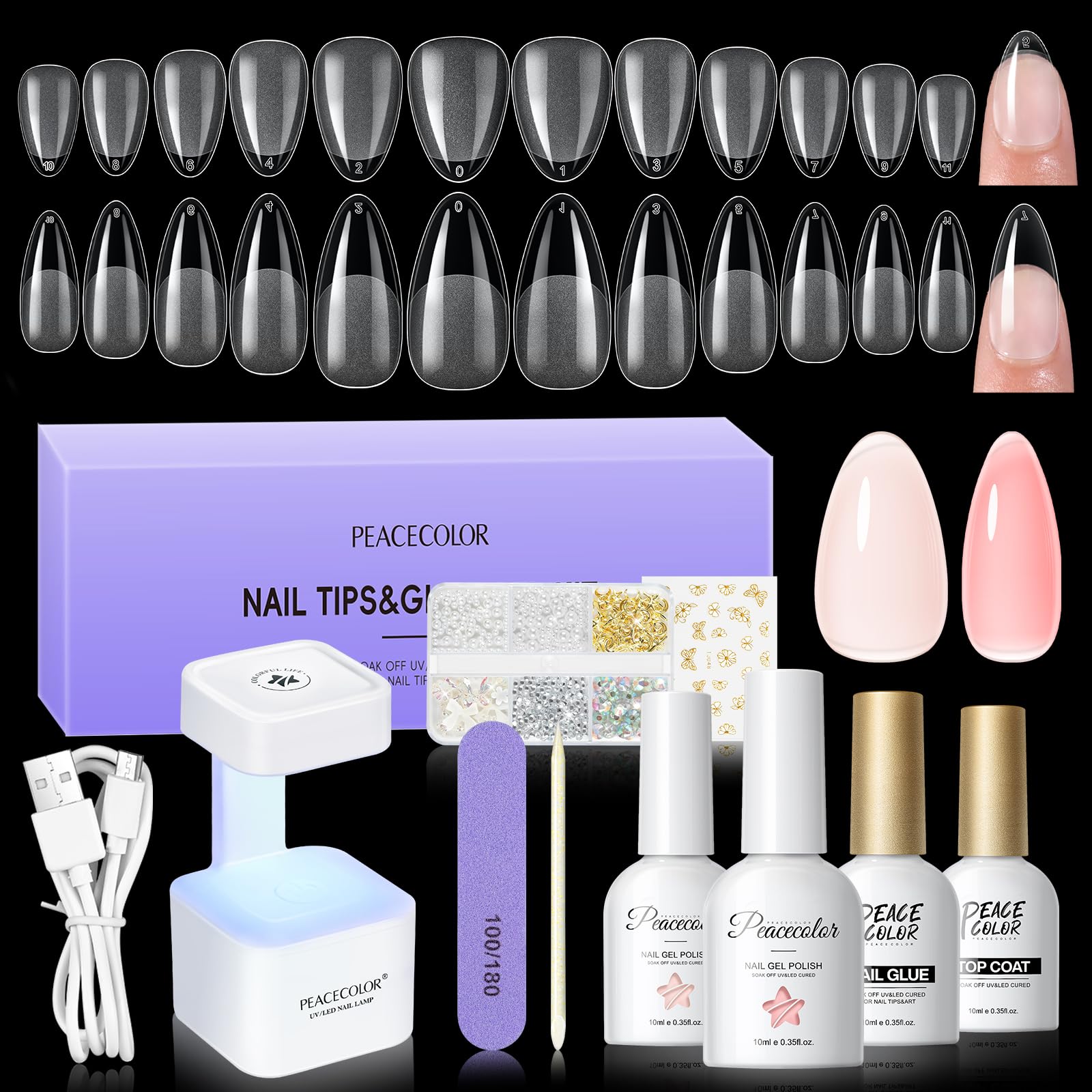 PEACECOLOR Unghie Finte, 240 Pezzi Tip Unghie Corte Mandorla & Medie Mandorla e Mini Lampada, Nude Rosa Semipermanente Unghie Top Coat Colla per Unghie Nail Art Principiante