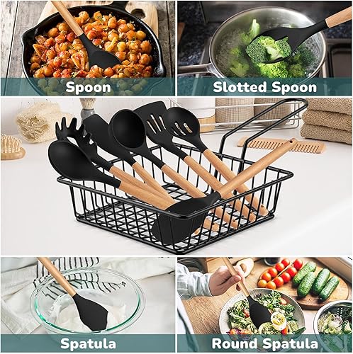 Miniatura 6 de TeamFar Juego de 7 utensilios de cocina de silicona con asas de madera, herramientas de cocina a prueba de calor para cocinar torneado, utensilios