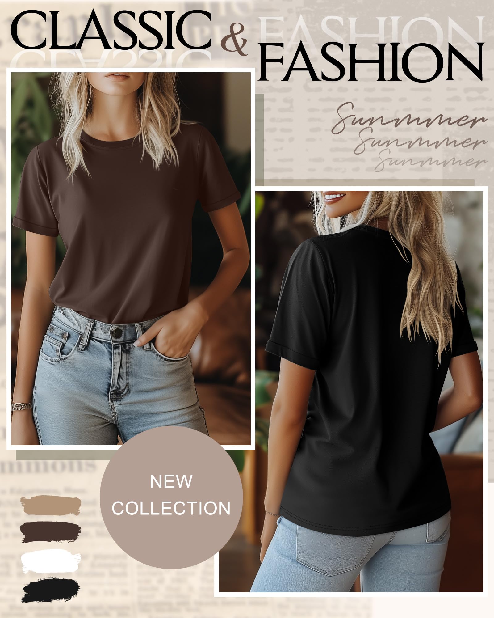 Ficerd - Pack de 4 Camisetas de Algodón para Mujer Estilo Informal de Manga de Verano Holgadas con Mangas Enrolladas Camiseta