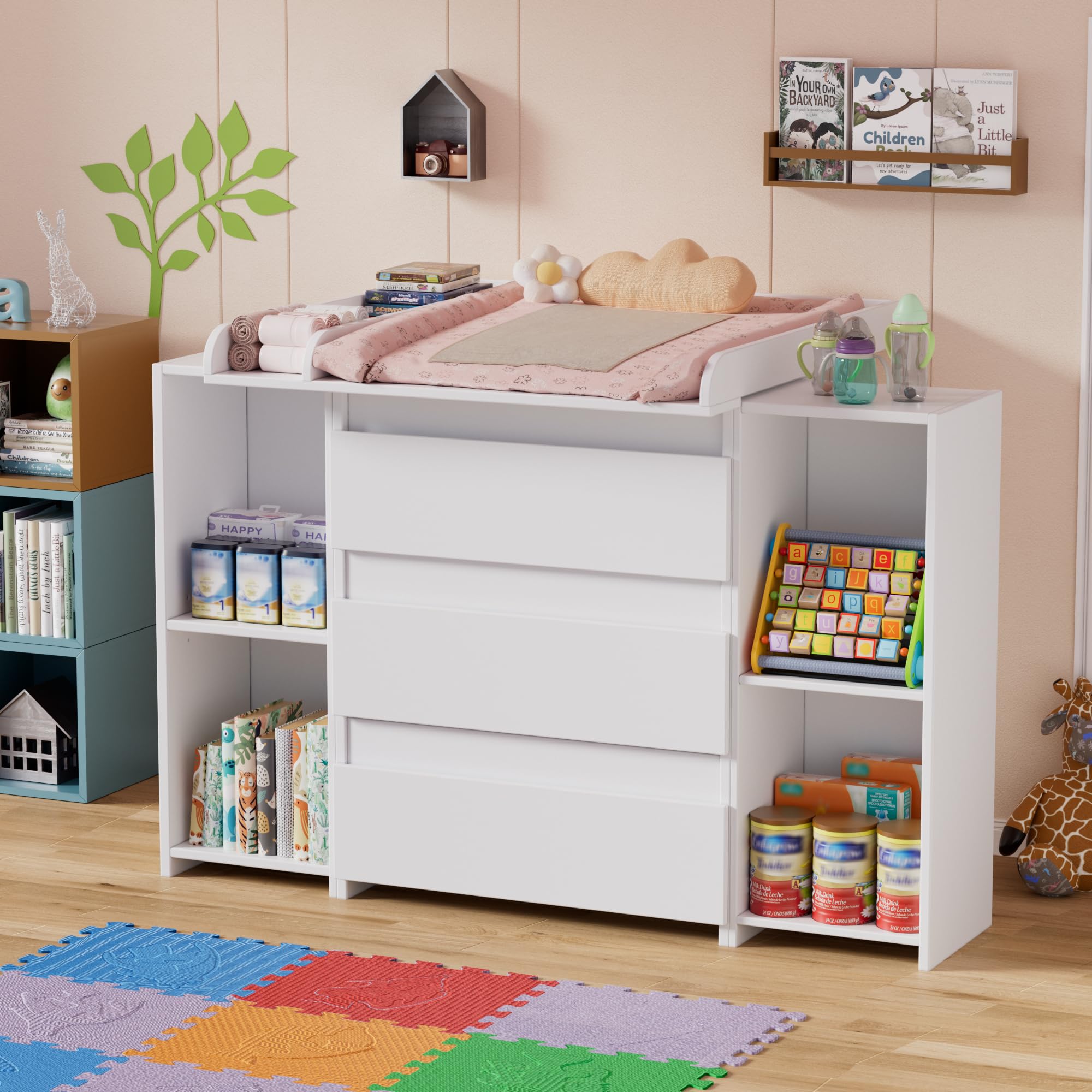 2-in-1 Wickelkommode mit abnehmbarem Wickelaufsatz,Baby Wickeltisch Weiß, Kommode mit 3 Schubladen & 6 Seitlichen Regalen, Viel Stauraum für Babyzimmer,73x70x85.8.6cm,Weiß